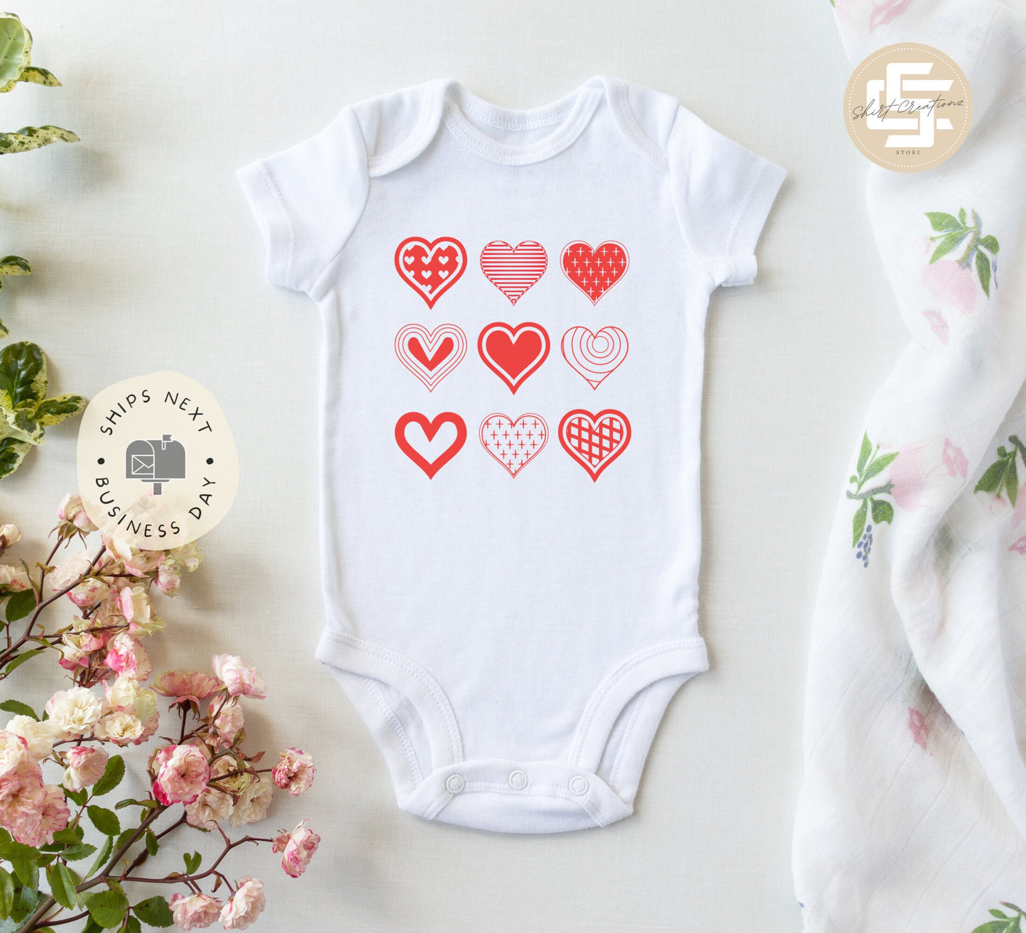 Heart Valentines Onesie® - Vday baby Onesie®, Cute Valentine's day Onesie®, baby's first Valentine body suit, heart baby bodysuit.