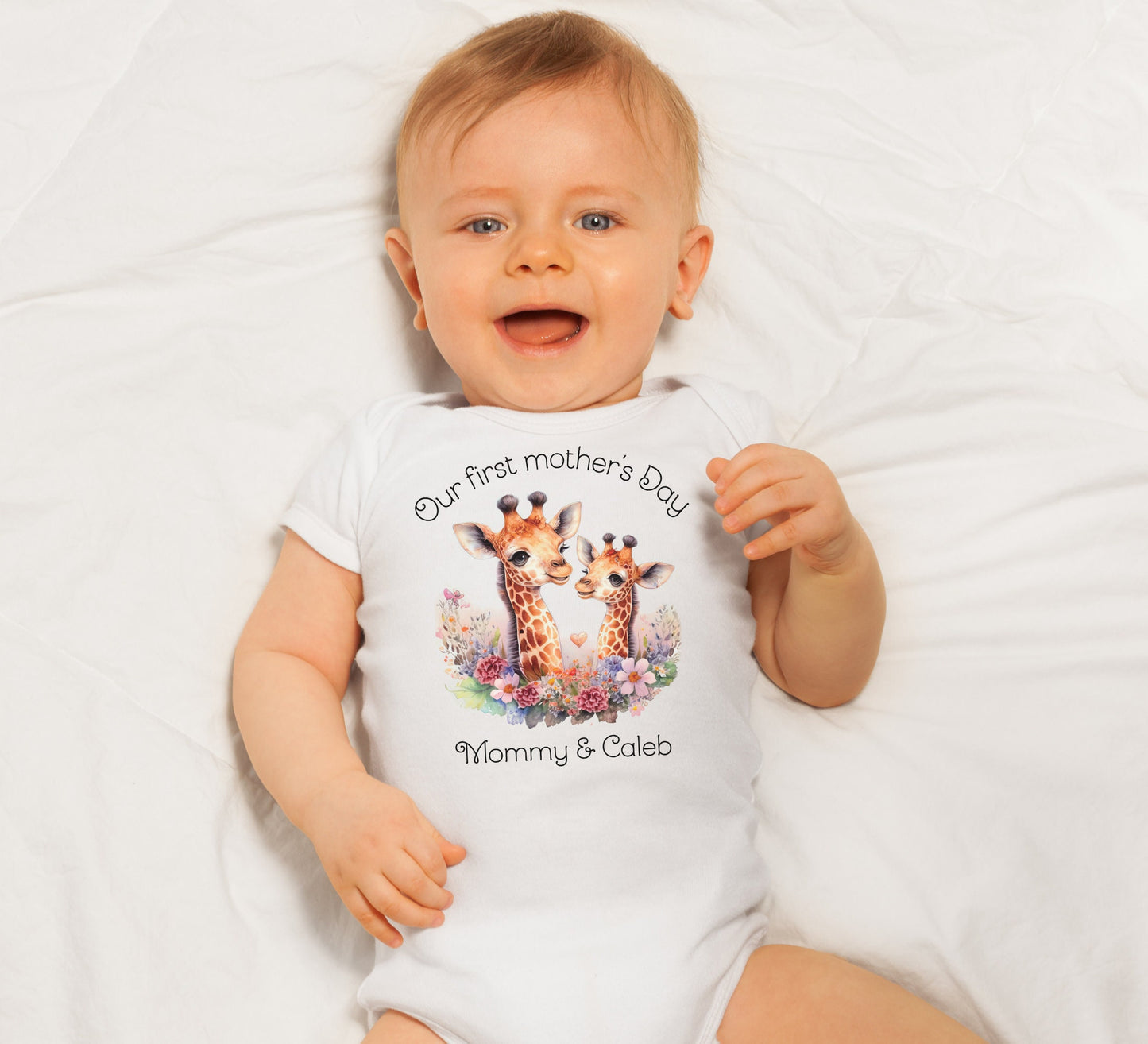 Our first mother's day baby Onesie® Mother's day baby Onesie®, cute personalized name newborn body suit. cute giraffe newborn baby gift.
