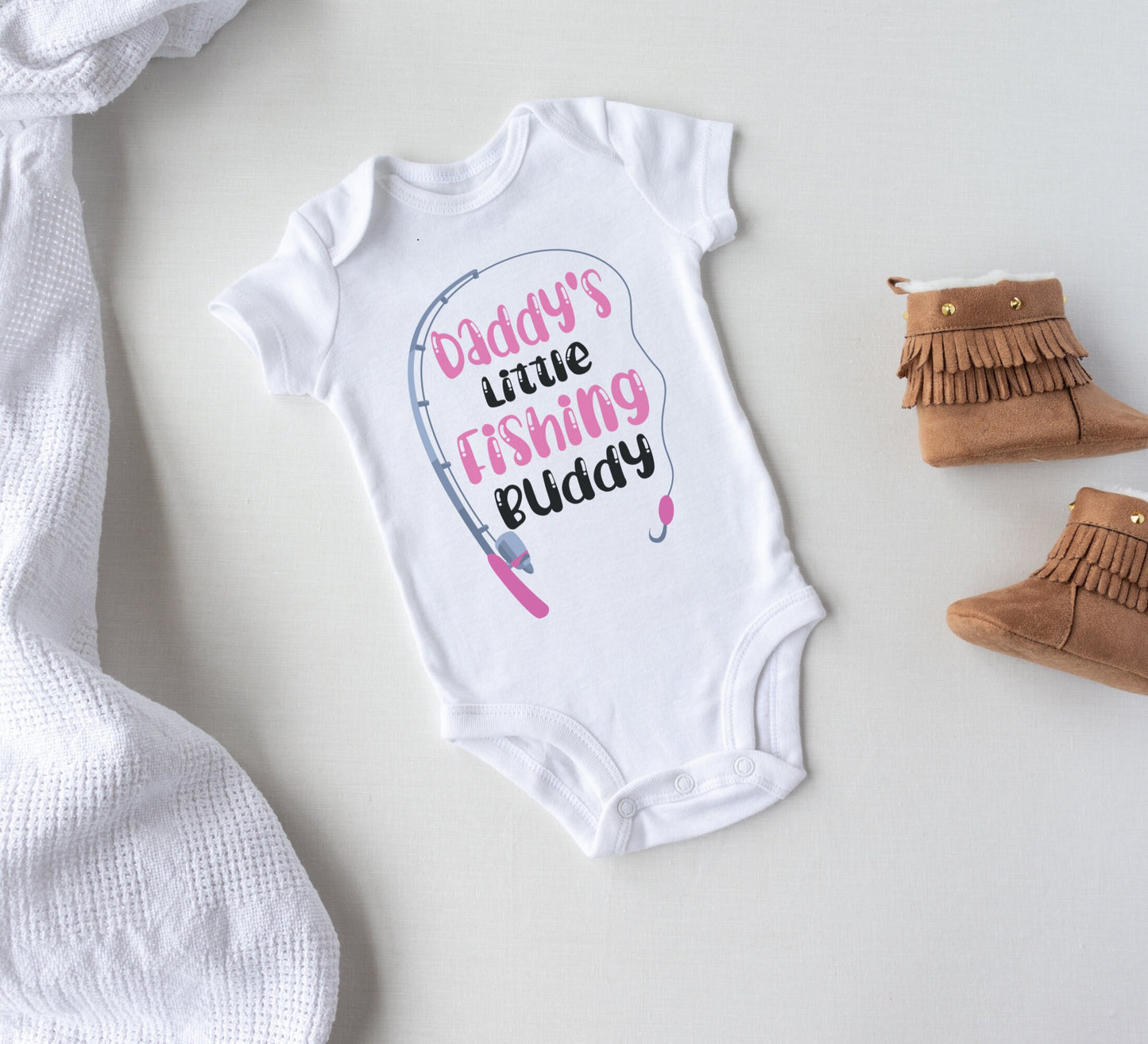 Daddy's fishing buddy baby girl Onesie® fishing baby girl Onesie®, cute pink daddy's girl newborn body suit. newborn baby gift.