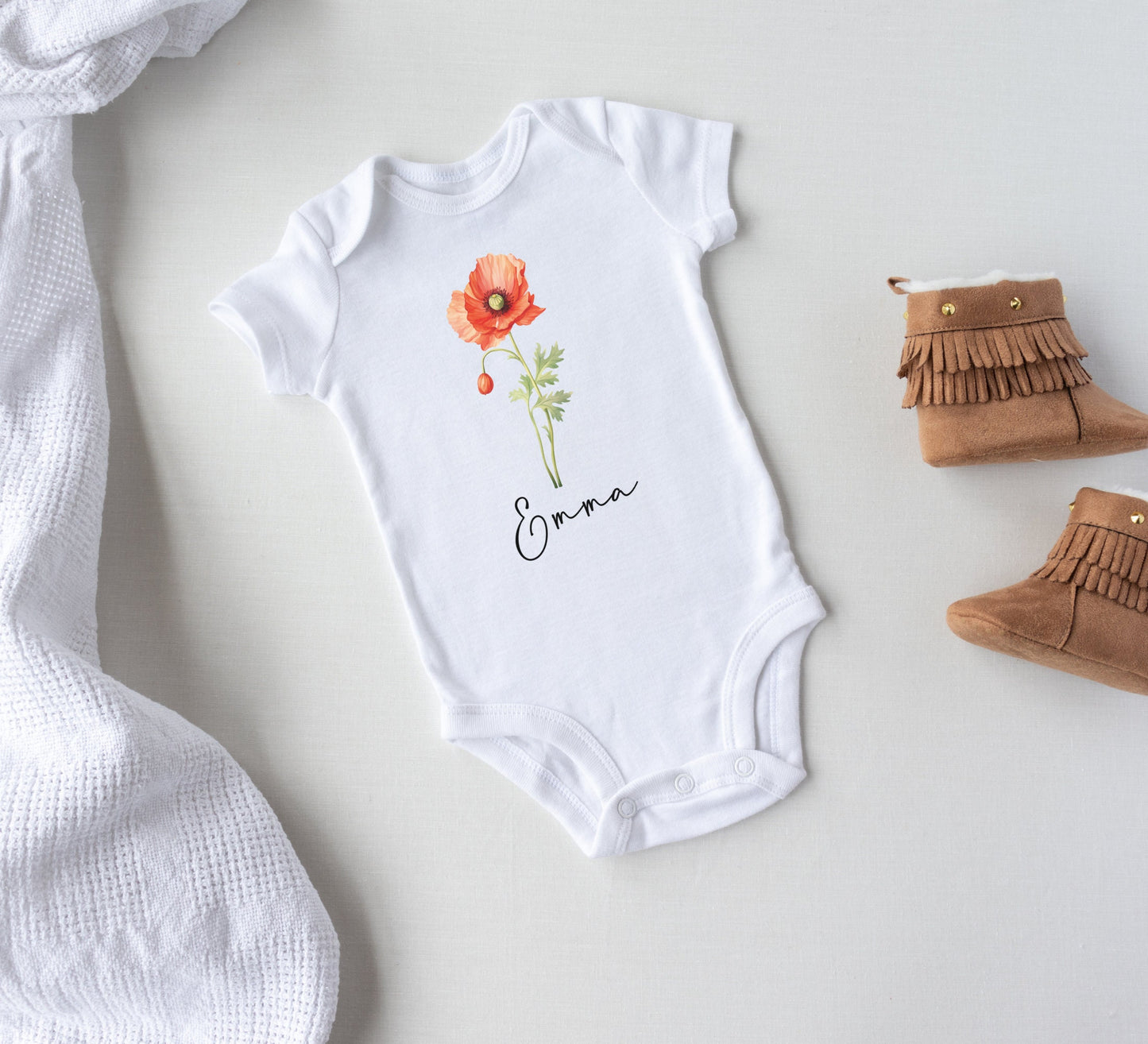 Birth month flower baby Onesie® Personalized birth flower baby Onesie®, cute flower with baby name bodysuit. newborn baby gift.