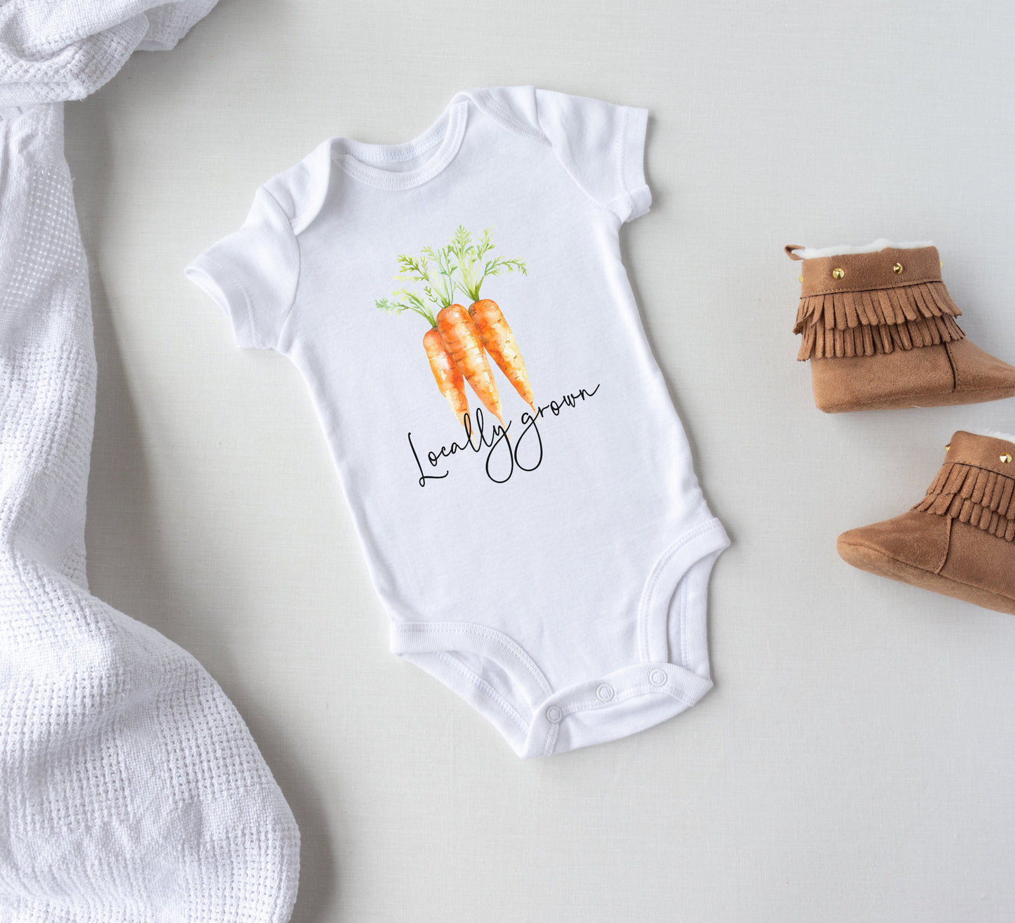 Locally grown Baby Onesie® farmer baby Onesie®, Little farmer newborn bodysuit. Carrot newborn baby gift.