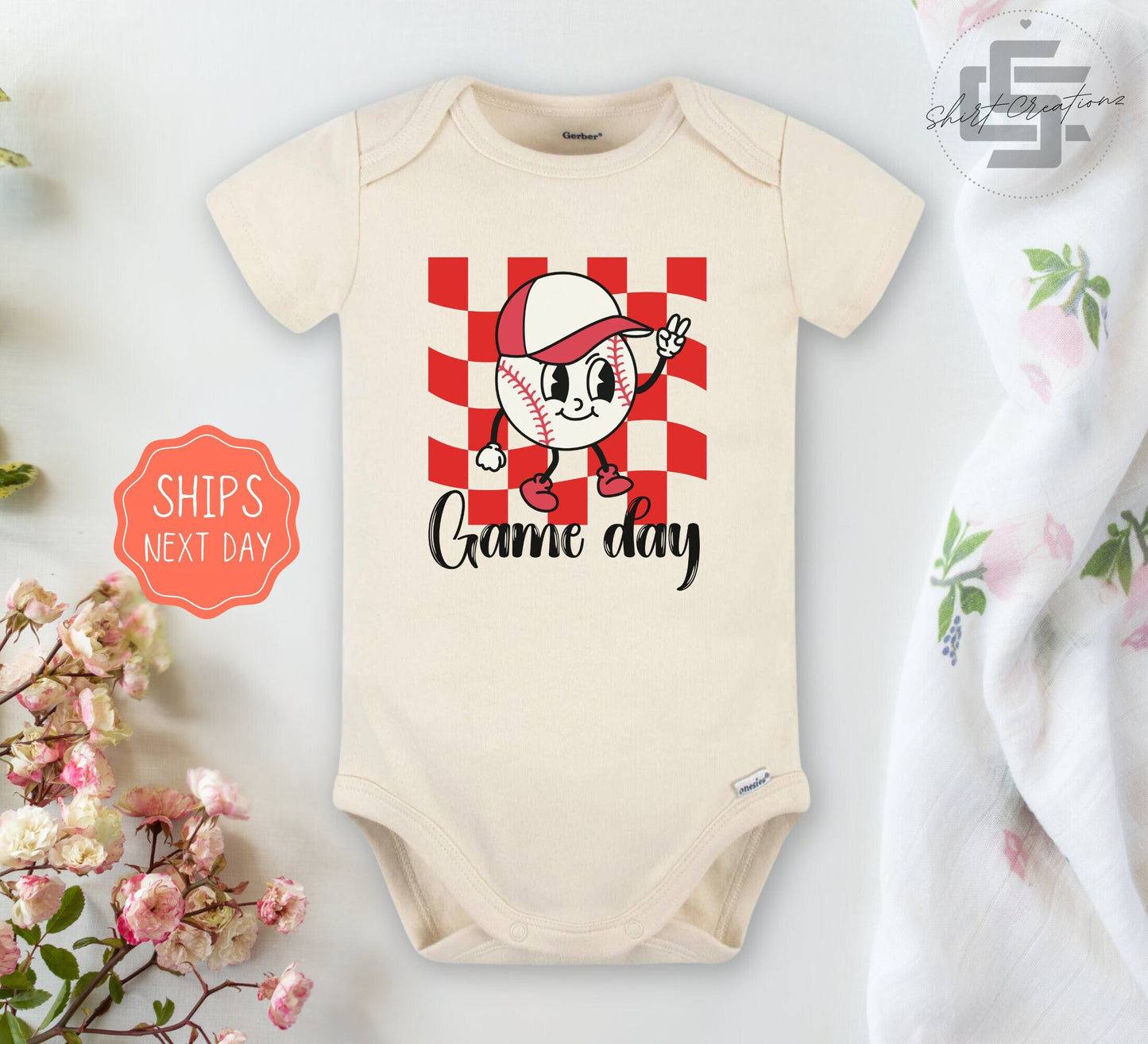 Game day Baseball baby Onesie® Baseball with baby Onesie®, newborn first baseball season gift. neutral game day baby bodysuit.