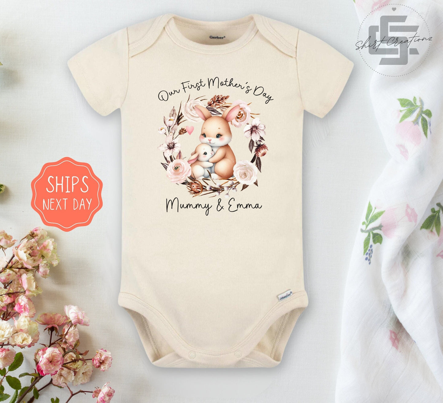 First mother's day baby Onesie® Personalized Mother's day baby Onesie®, Mothers day baby outfit. Bunny newborn baby gift.