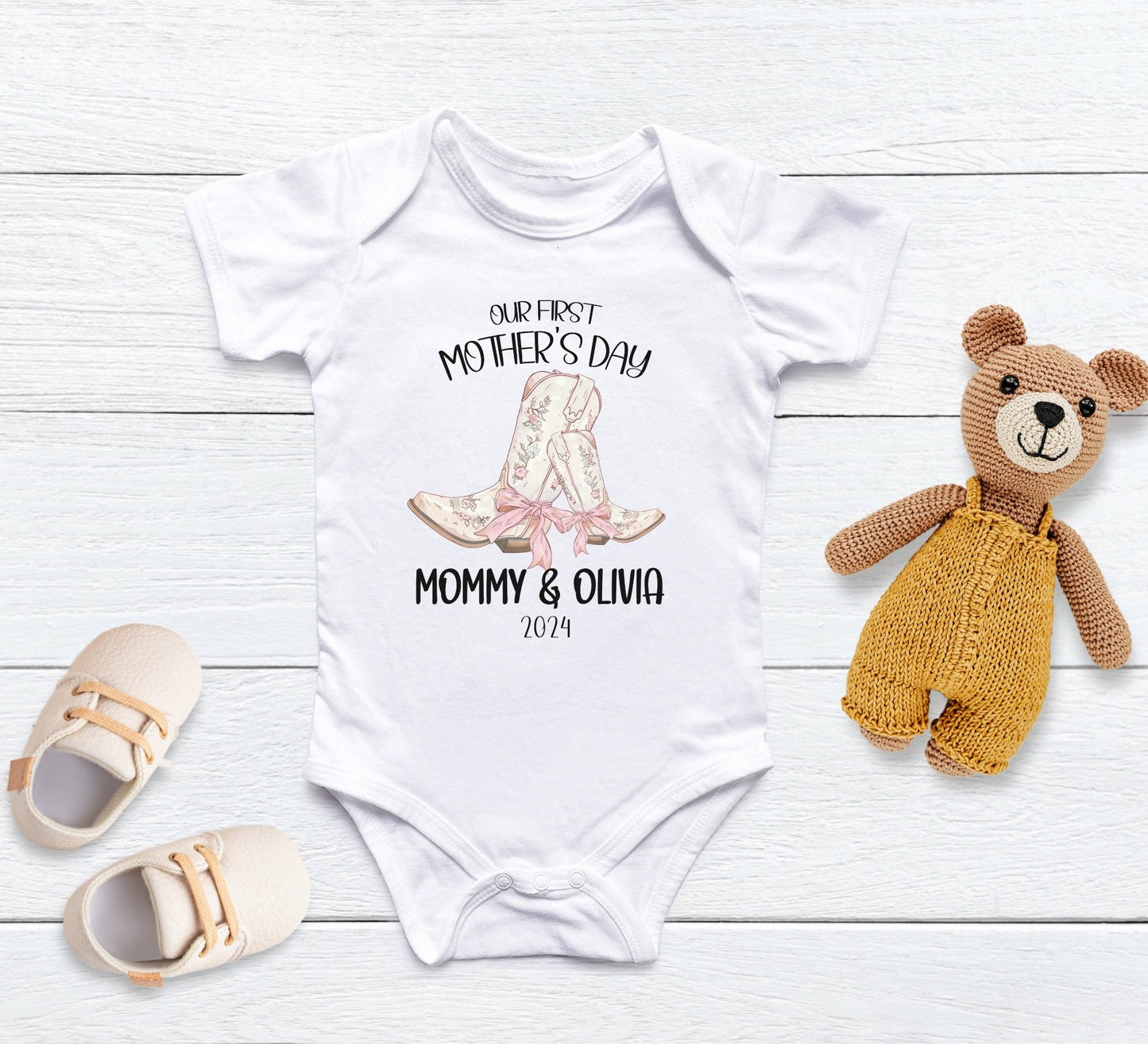 Gift for first mother's Day, Our first mothers day Onesie®, Personalized First Mother's day 2024, Coquette pink first mothers day bodysuit.