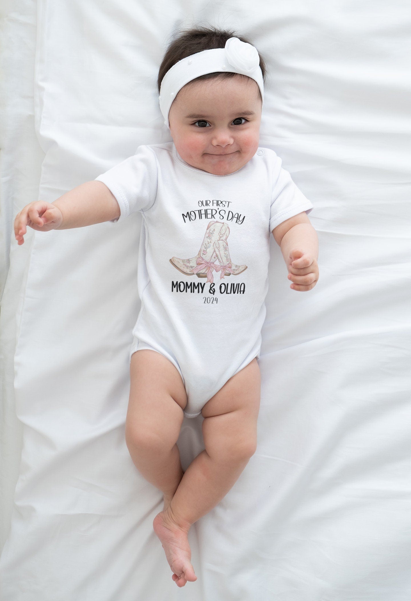 Gift for first mother's Day, Our first mothers day Onesie®, Personalized First Mother's day 2024, Coquette pink first mothers day bodysuit.