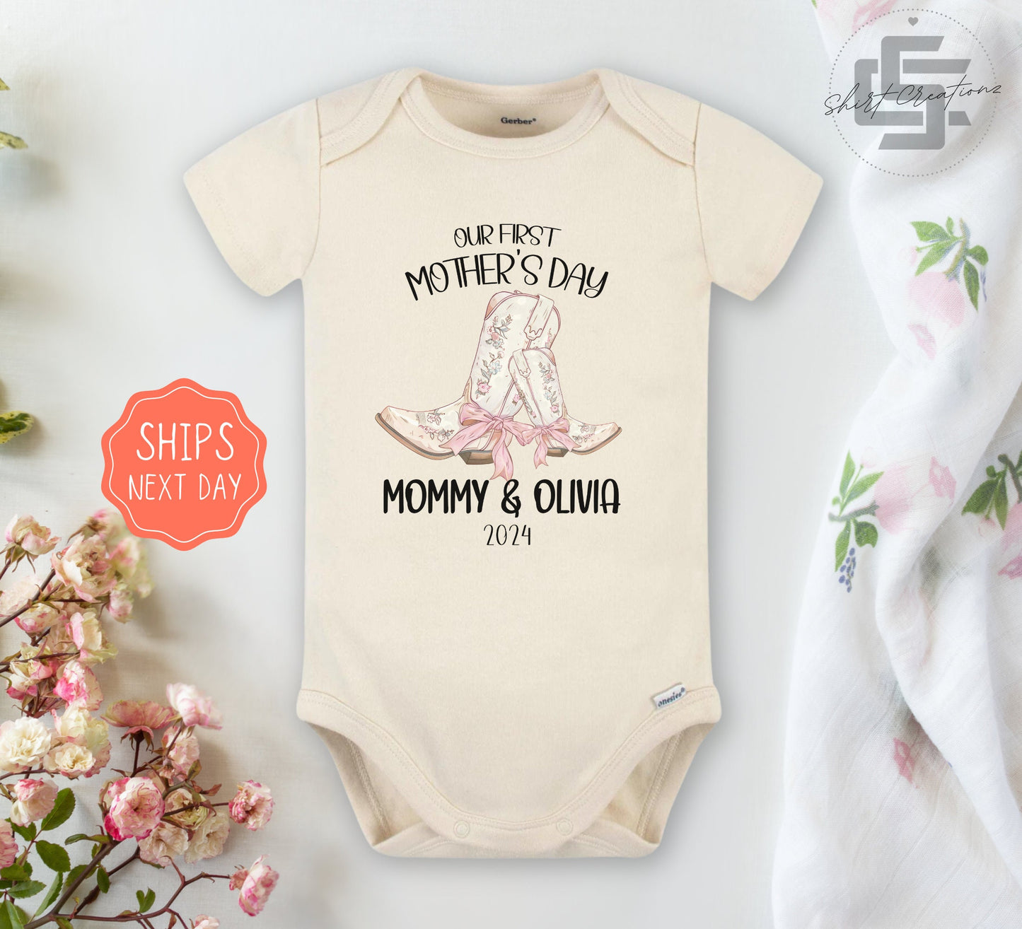 Gift for first mother's Day, Our first mothers day Onesie®, Personalized First Mother's day 2024, Coquette pink first mothers day bodysuit.