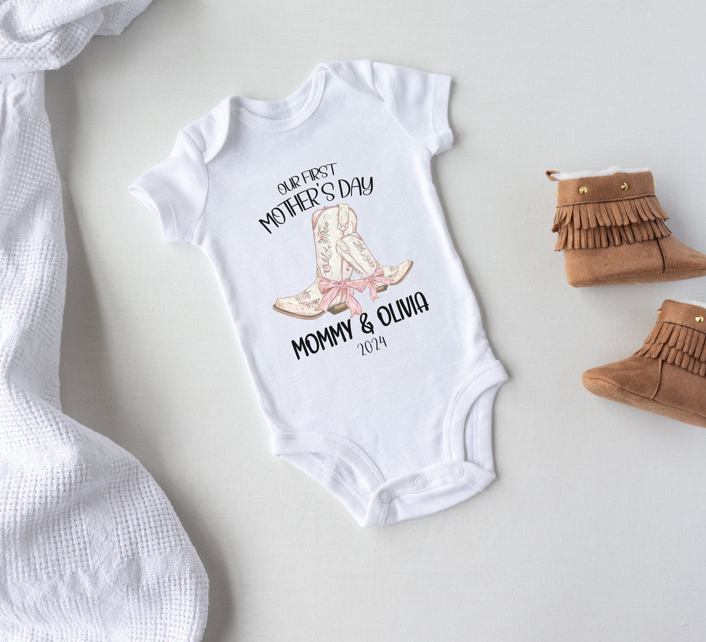 Gift for first mother's Day, Our first mothers day Onesie®, Personalized First Mother's day 2024, Coquette pink first mothers day bodysuit.