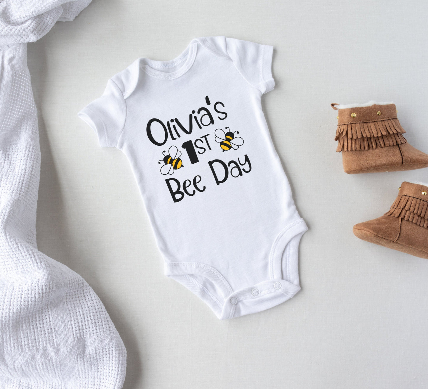 First Bee day party Onesie® first birthday baby Onesie®, personalized birthday name and age toddler shirt. first birthday bumble bee shirt.
