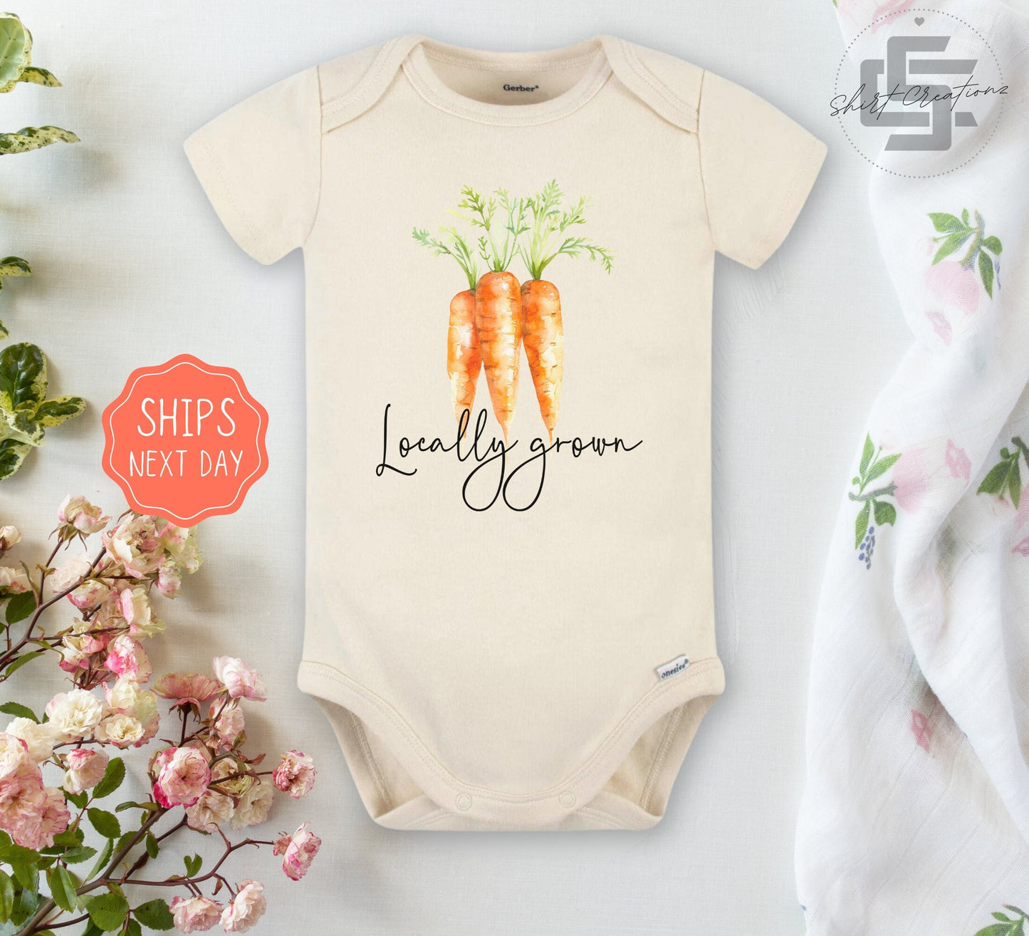 Locally grown Baby Onesie® farmer baby Onesie®, Little farmer newborn bodysuit. Carrot newborn baby gift.