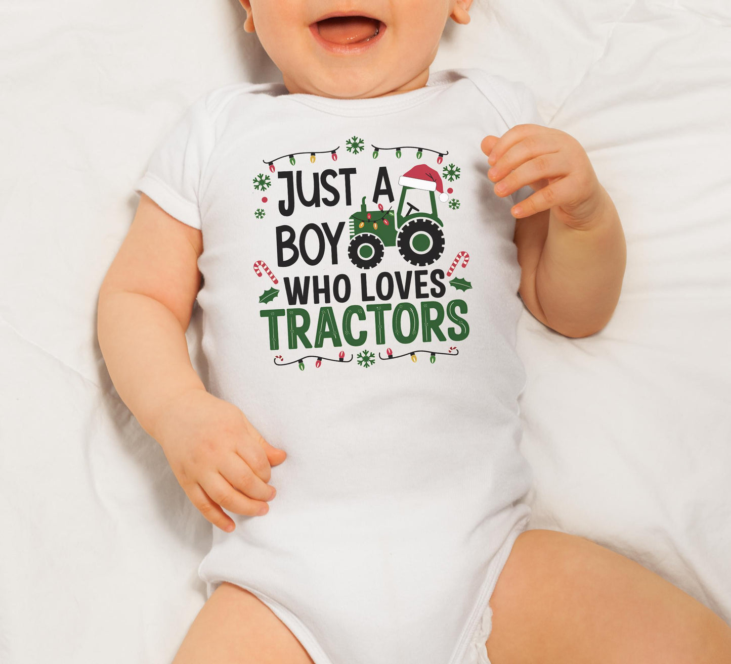 Christmas tractor baby Onesie®, just a boy who loves tractors Christmas newborn toddler tee, Farmer baby Onesie®, Christmas baby gift.