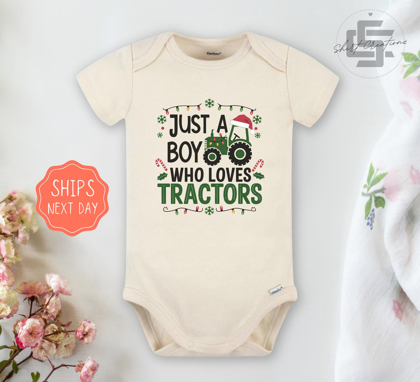 Christmas tractor baby Onesie®, just a boy who loves tractors Christmas newborn toddler tee, Farmer baby Onesie®, Christmas baby gift.