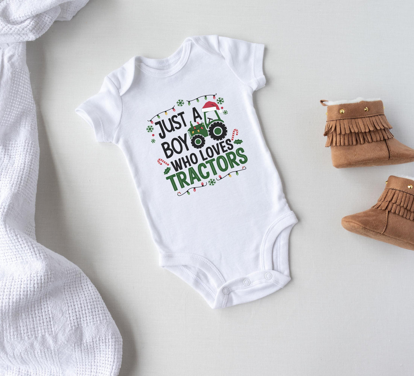 Christmas tractor baby Onesie®, just a boy who loves tractors Christmas newborn toddler tee, Farmer baby Onesie®, Christmas baby gift.