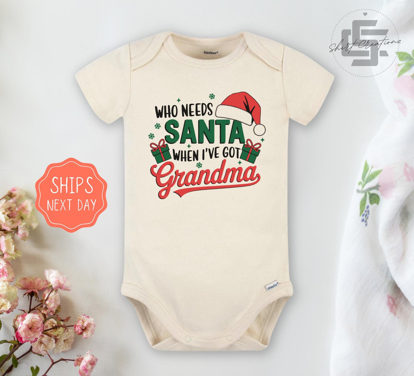 Christmas grandma baby Onesie® Who needs Santa Onesie®, Grandma Claus newborn body suit. Gift from Grandma