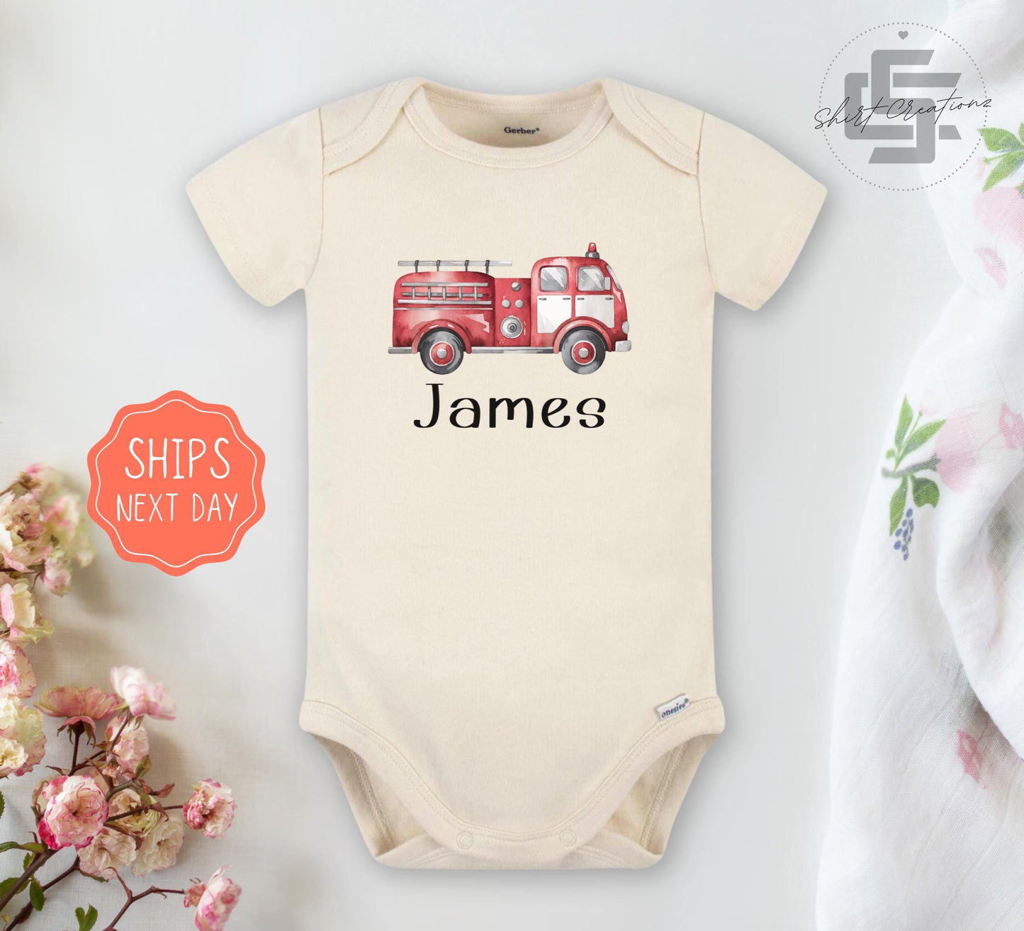 Personalized Firetruck Onesie®, Firefighter Kids Name Shirt, Toddler Birthday Gift Shirt, Boys Baby Shirt, Custom Baby Onesie®