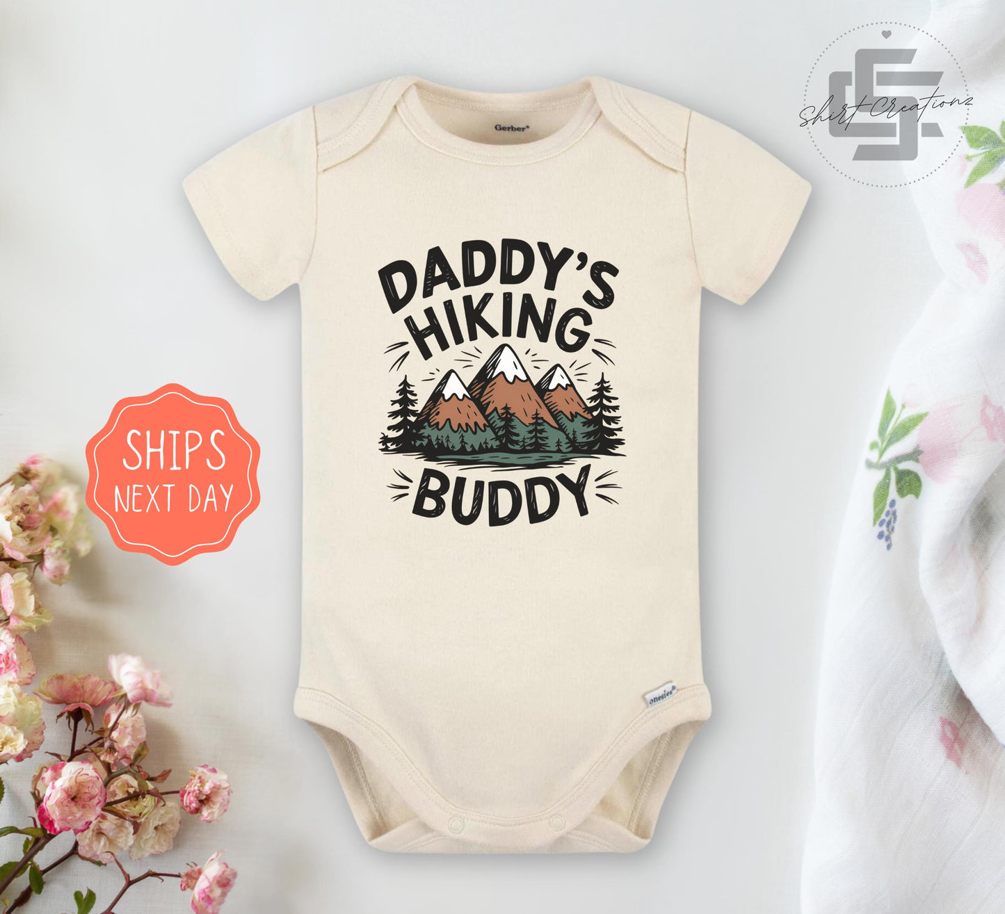 Daddy's hiking buddy Onesie®, Hiking baby body suit, outdoor adventure toddler Tee. Hiking newborn baby gift.