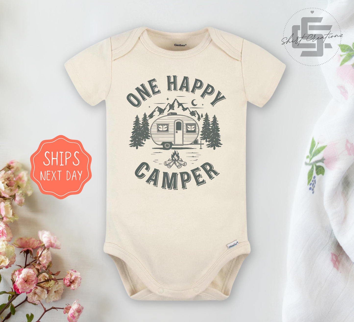 One happy camper Onesie®, camping baby bodysuit, camp toddler Tee. newborn camping baby boy.