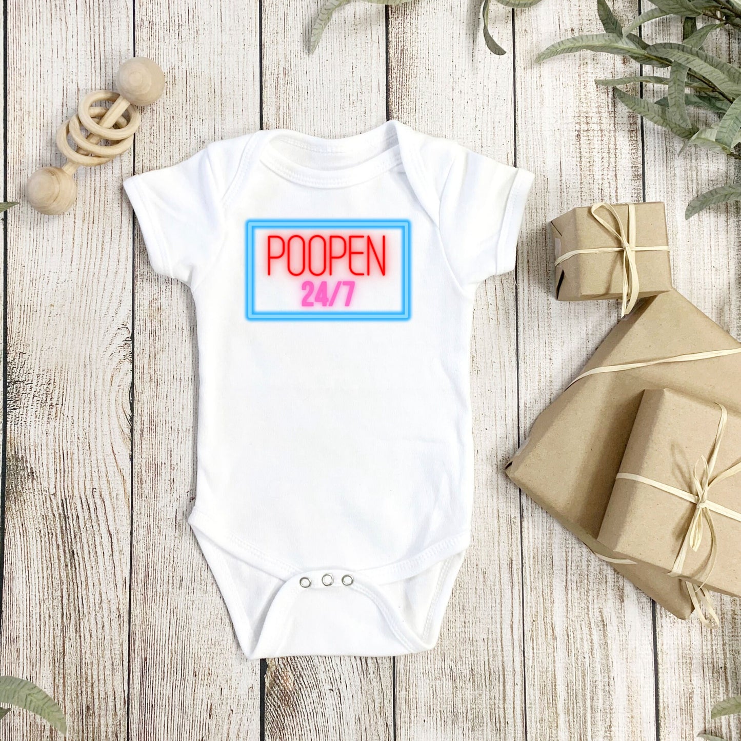 Poopen 24/7 baby Onesie®, Open 24/7 baby Onesie®, funny baby body suit. cute baby gift.
