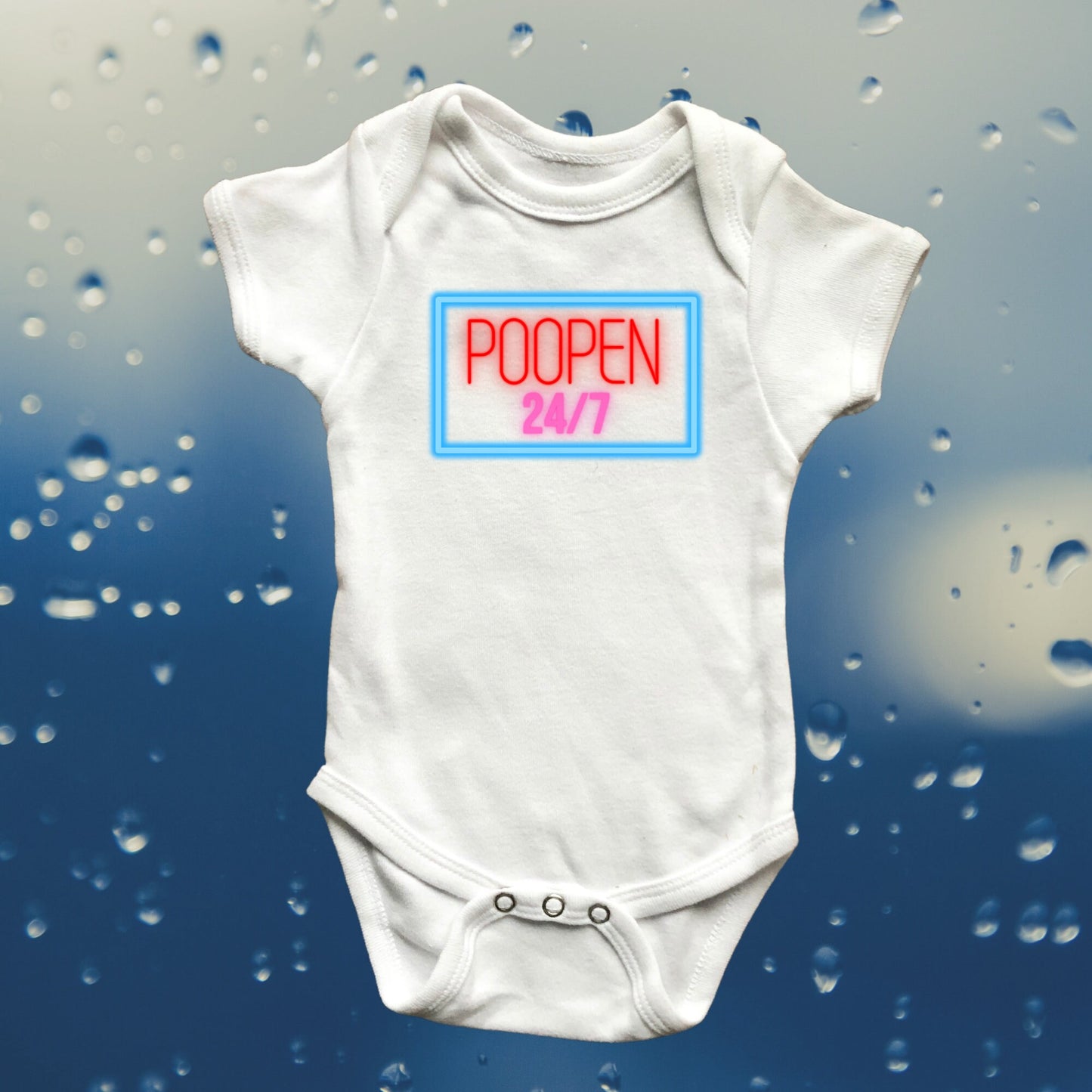 Poopen 24/7 baby Onesie®, Open 24/7 baby Onesie®, funny baby body suit. cute baby gift.