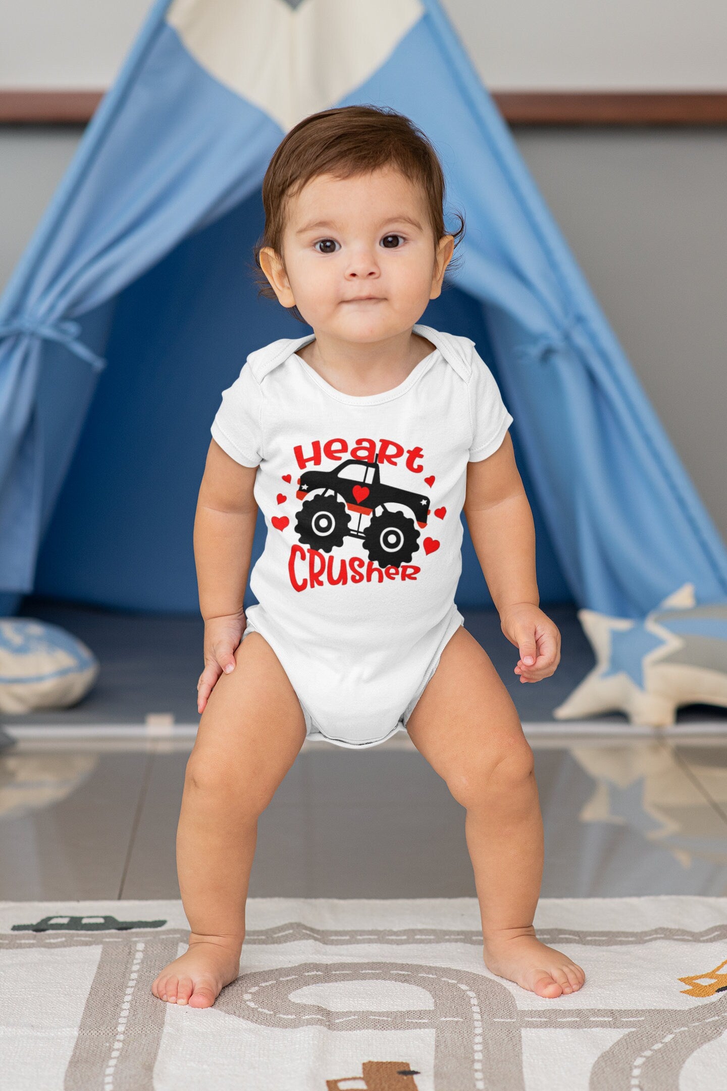 Heart crusher baby Onesie® - Valentines day baby Onesie®, monster truck baby Onesie®, baby's first Valentine body suit