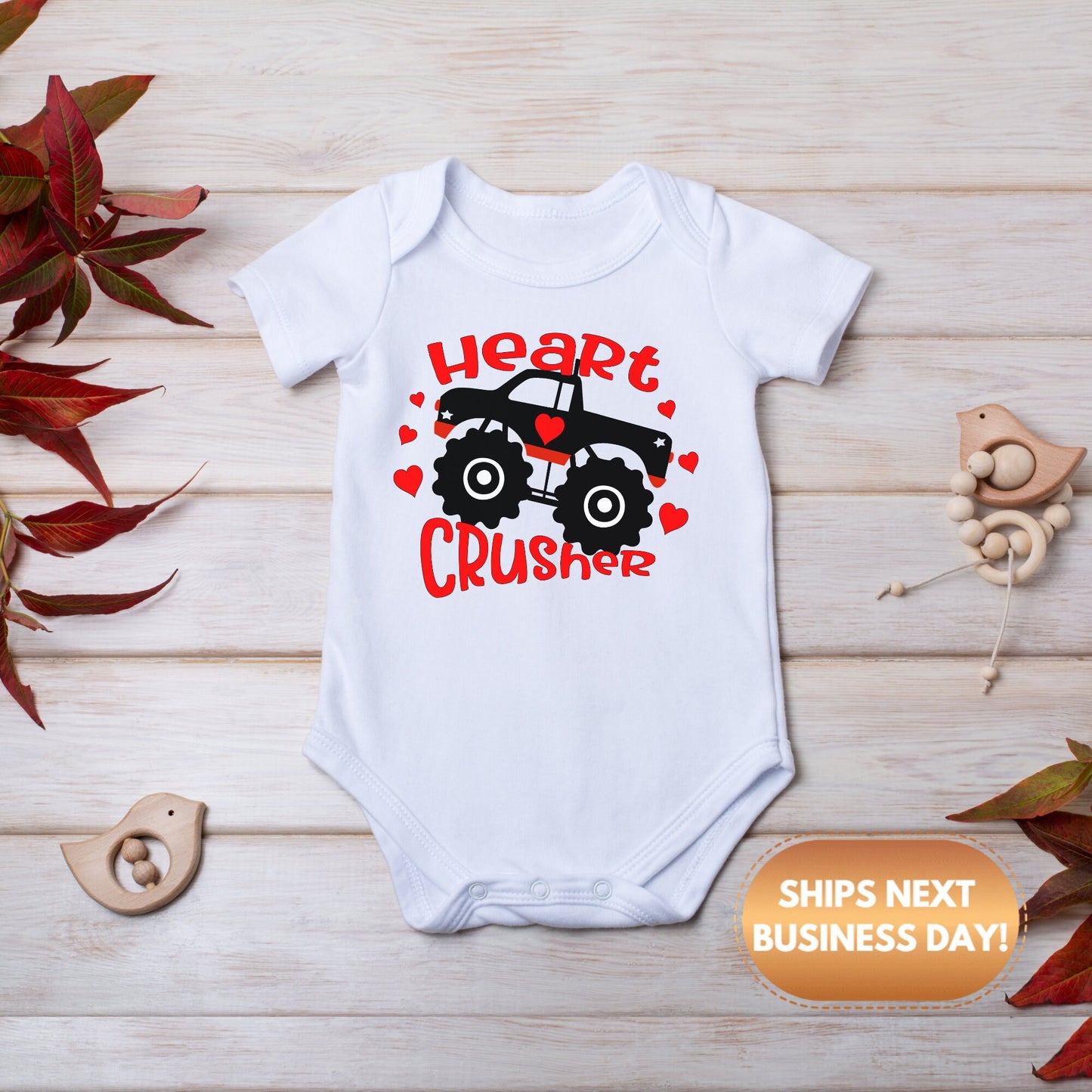 Heart crusher baby Onesie® - Valentines day baby Onesie®, monster truck baby Onesie®, baby's first Valentine body suit