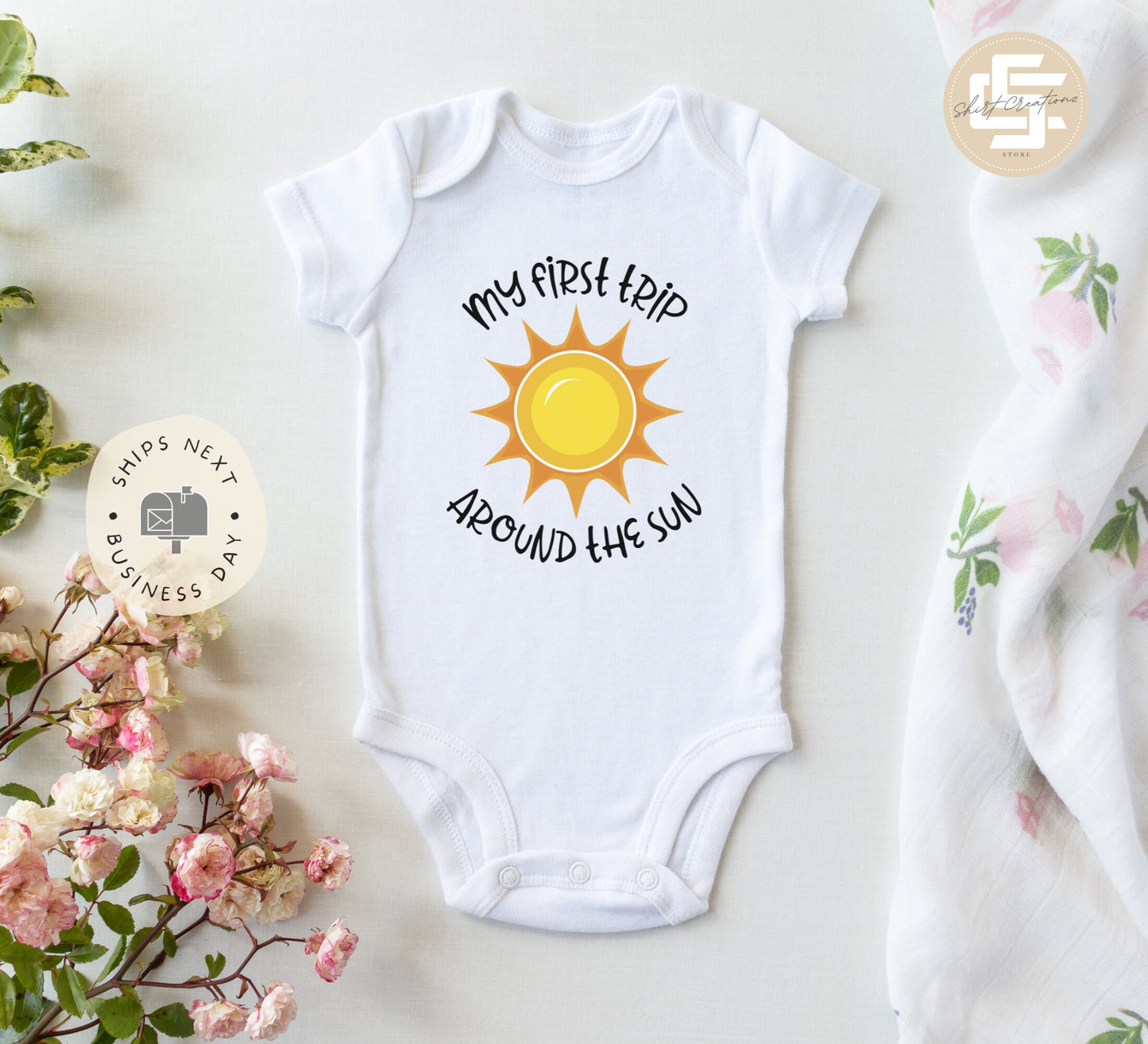 First trip around the sun Baby Onesie®, first birthday baby Onesie®, birthday baby body suit. cute baby gift.