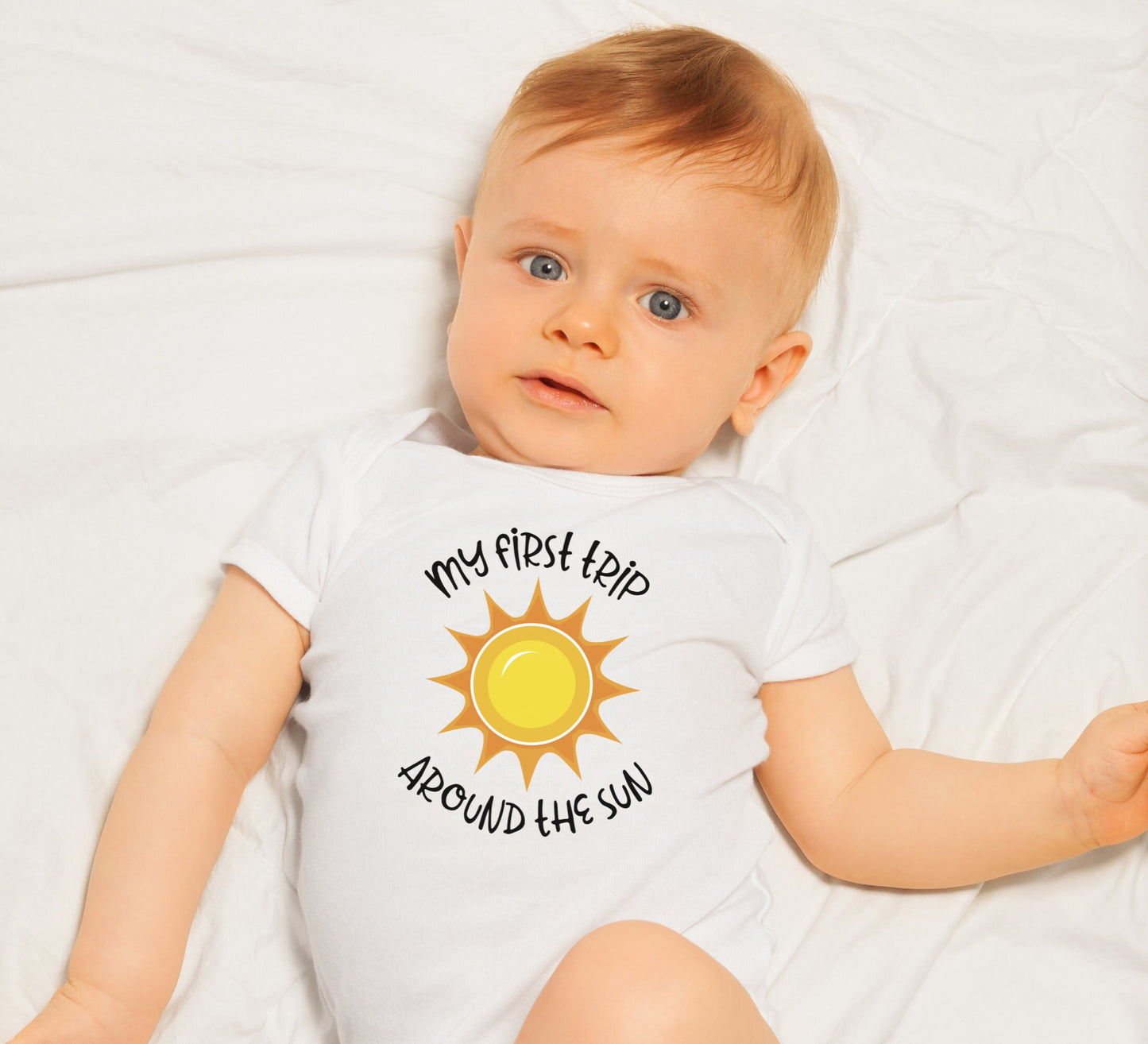 First trip around the sun Baby Onesie®, first birthday baby Onesie®, birthday baby body suit. cute baby gift.