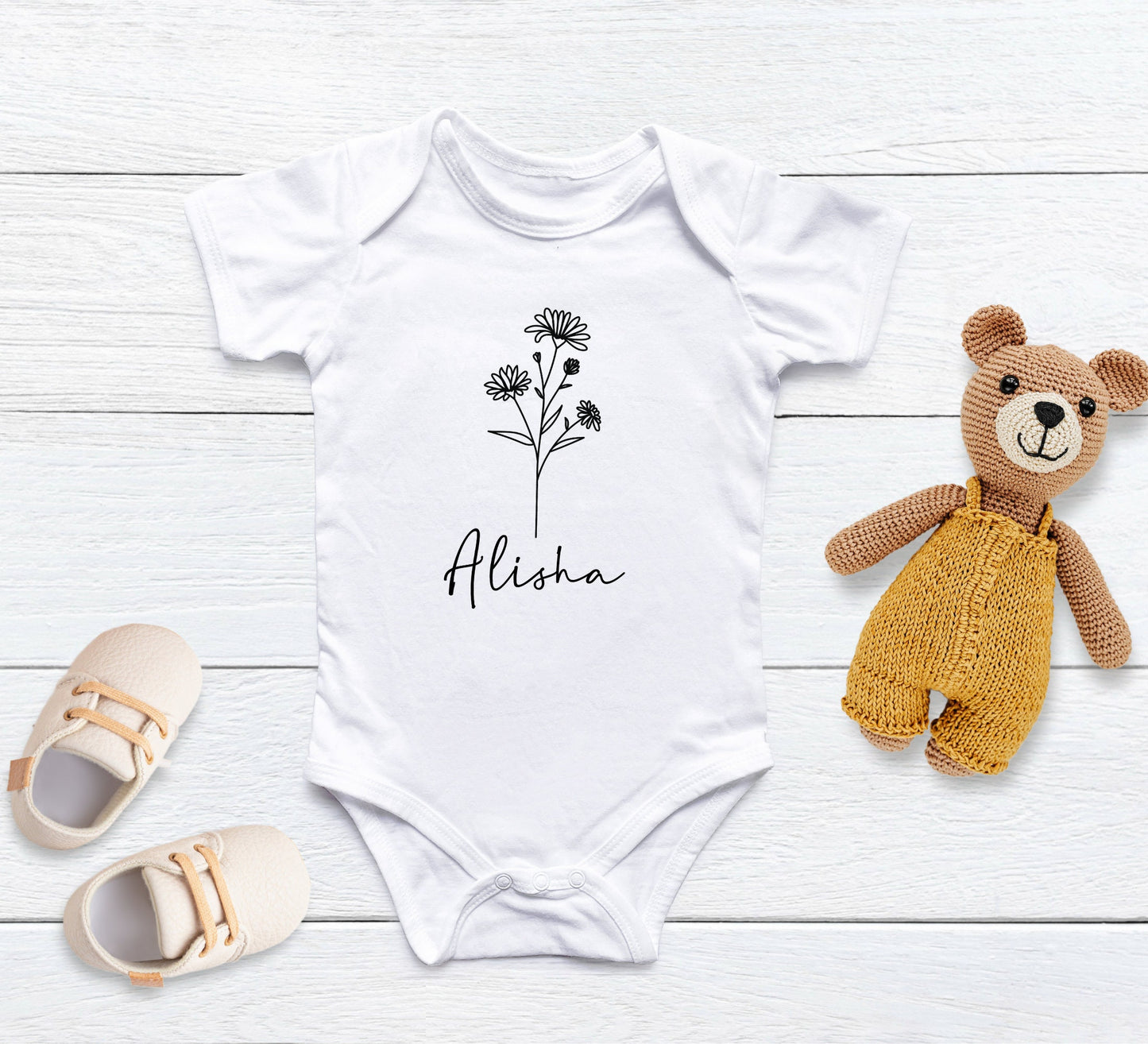 Birth month flower baby Onesie® Personalized birth flower baby Onesie®, cute personalized newborn body suit. newborn baby gift.
