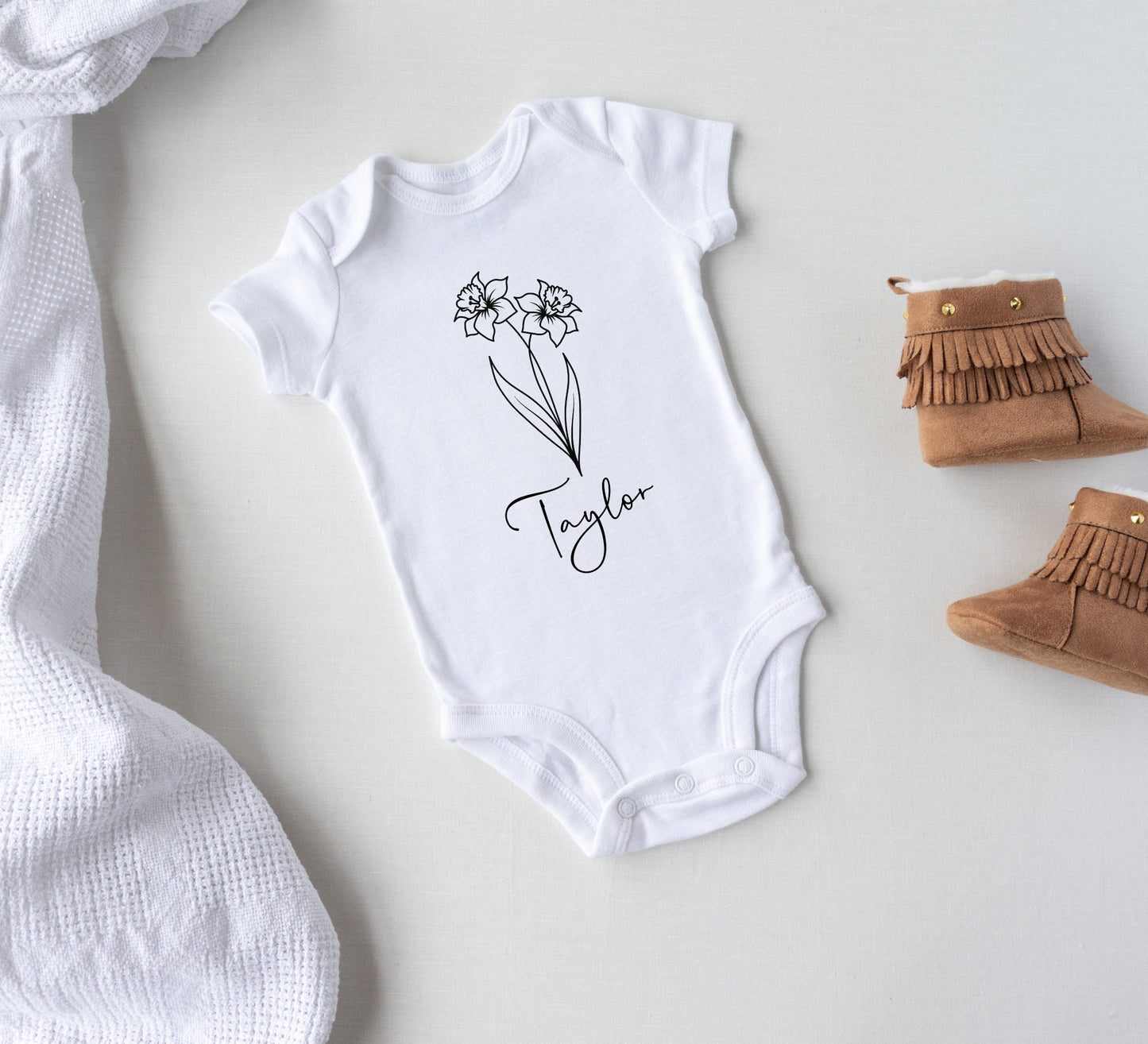 Birth month flower baby Onesie® Personalized birth flower baby Onesie®, cute personalized newborn body suit. newborn baby gift.