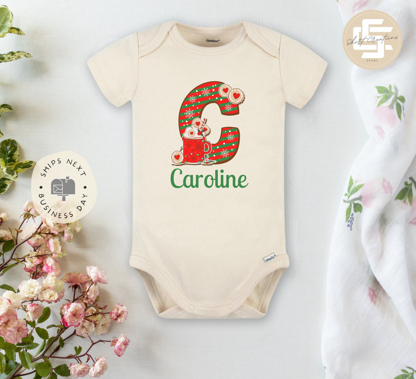 Personalized Christmas Baby Onesie®, Monogram Christmas baby Onesie®, baby announcement body suit. Christmas baby gift.