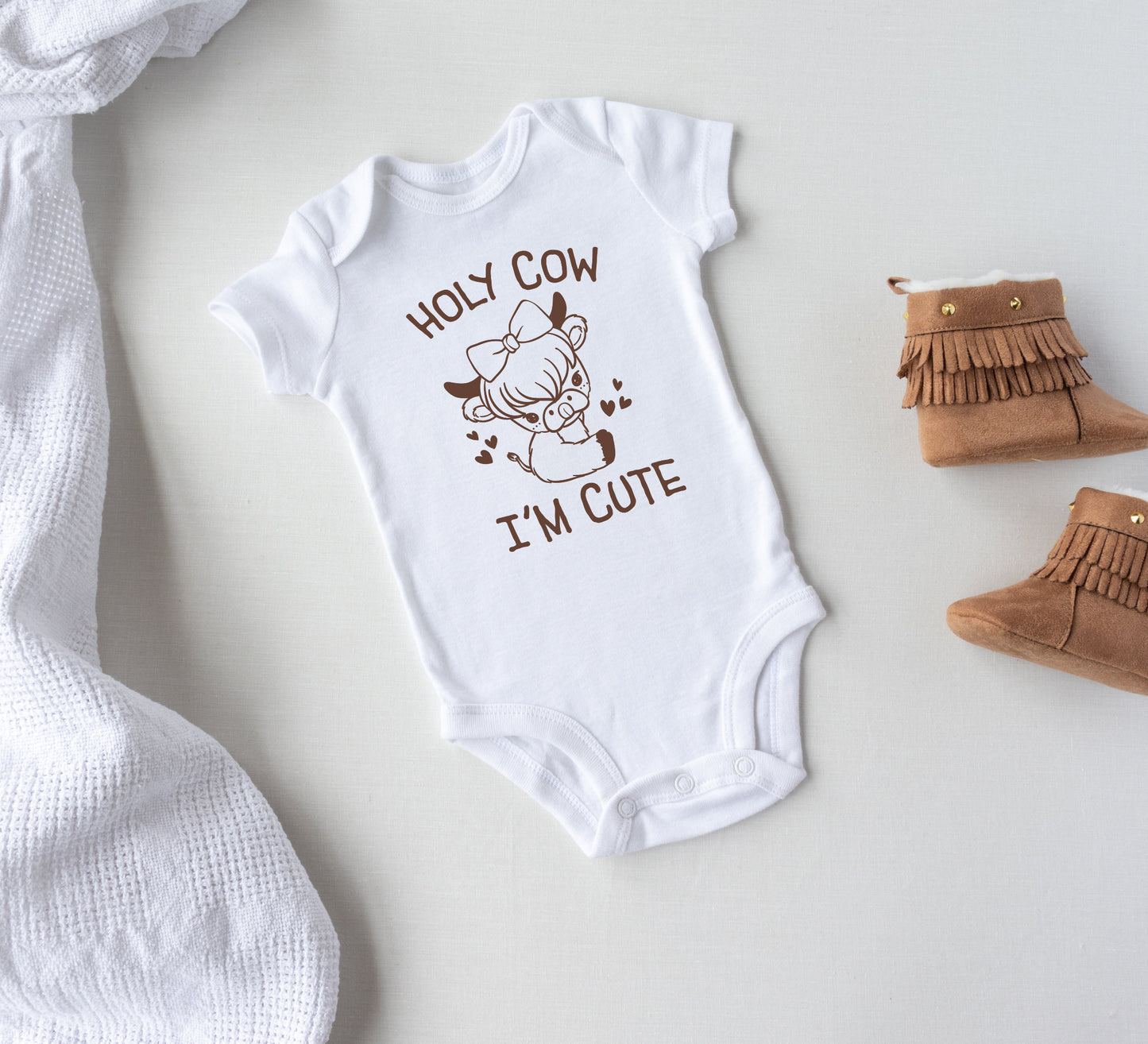 Holy cow I'm cute baby Onesie® baby calf baby Onesie®, cute farm animal newborn body suit. newborn baby gift.