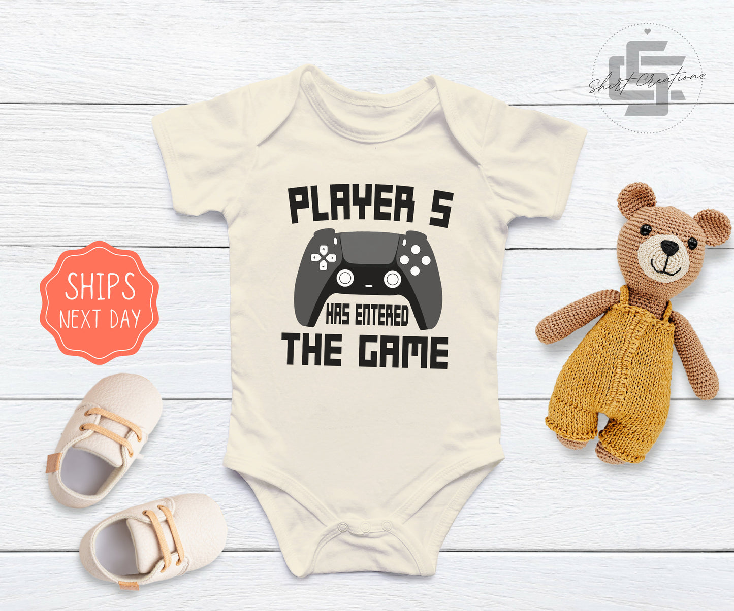 Player 5 has entered the game Baby Onesie®, Player four baby Onesie®, newborn baby bodysuit. cute baby shower gift.