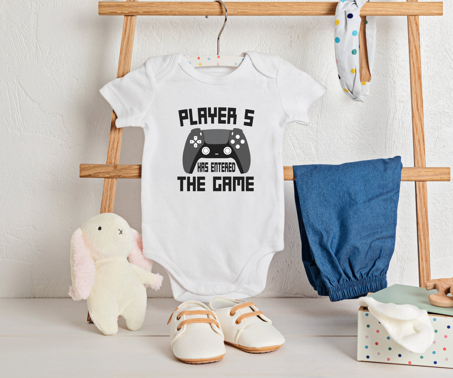Player 5 has entered the game Baby Onesie®, Player four baby Onesie®, newborn baby bodysuit. cute baby shower gift.