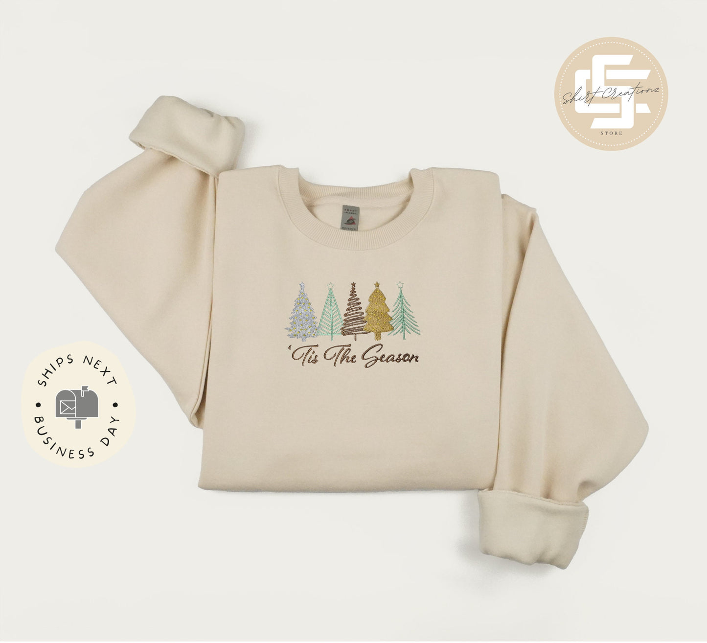 Tis the season embroidered sweatshirt, Cute Christmas tree sweater, Embroidery Christmas crewneck sweatshirt, Xmas gift sweater.