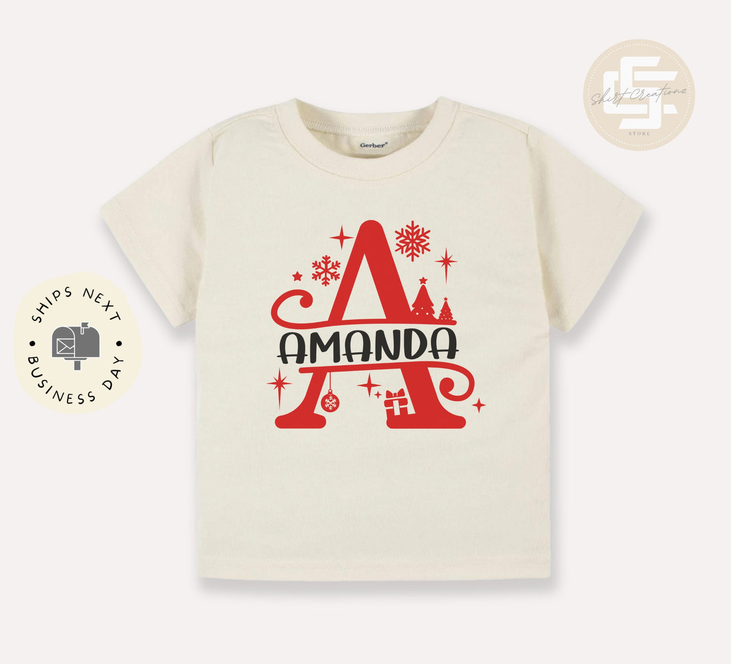 Christmas monogram Toddler TShirt, Personalized Christmas kids shirt, custom name natural toddler Tee.