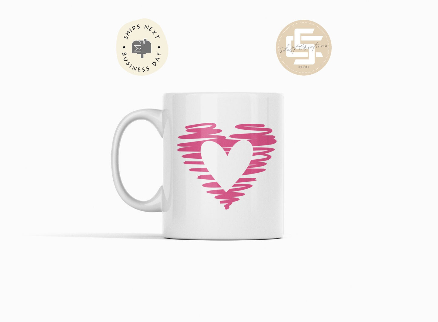 Scribble Pink Heart Mug, Valentine day mug Gift, coffee Mug self love, galentine day gift.