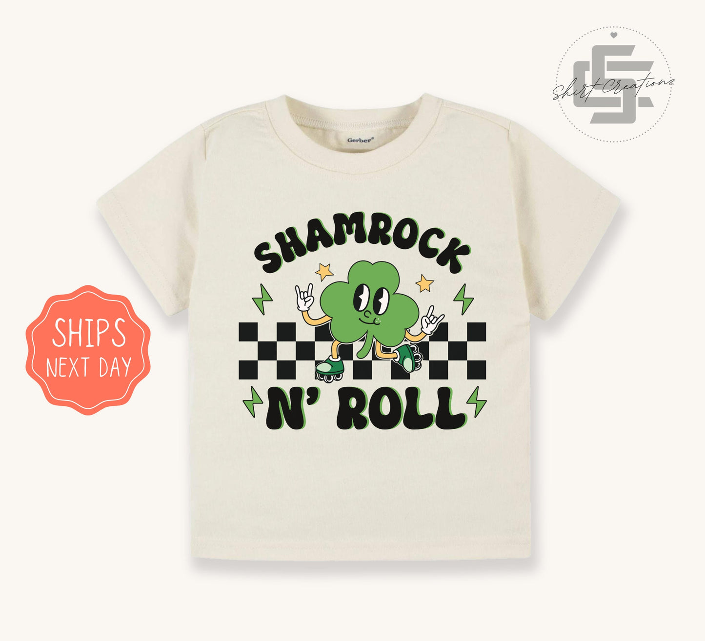 Shamrock N' Roll Natural Toddler T-Shirt, St. Patrick's roller skate kids shirt, Lucky toddler gift shirt.