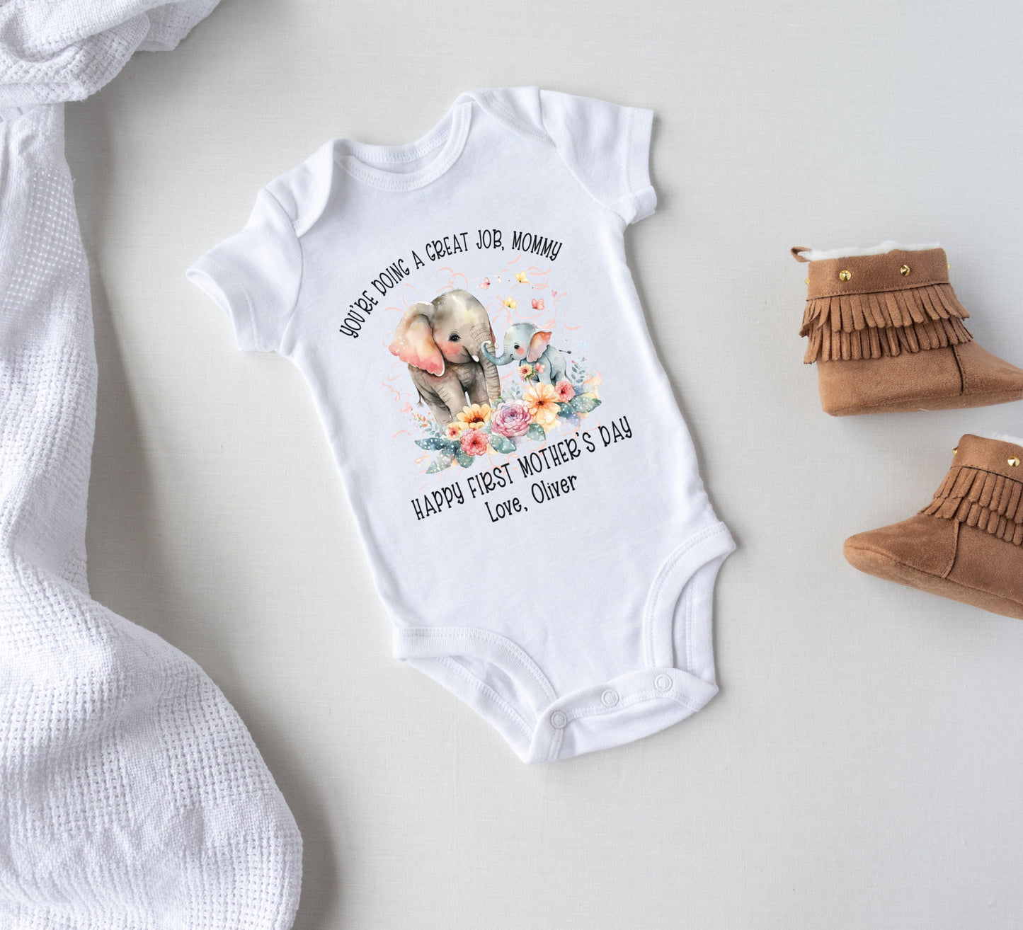 Our first mothers day baby Onesie® First Mother's day baby Onesie®, cute personalized name newborn body suit. newborn baby gift.