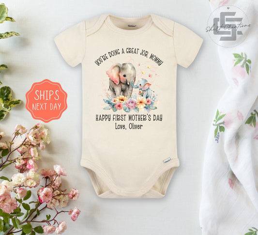 Our first mothers day baby Onesie® First Mother's day baby Onesie®, cute personalized name newborn body suit. newborn baby gift.