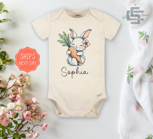 Personalized bunny baby Onesie® Custom name toddler tee, baby name newborn bodysuit. newborn baby gift.