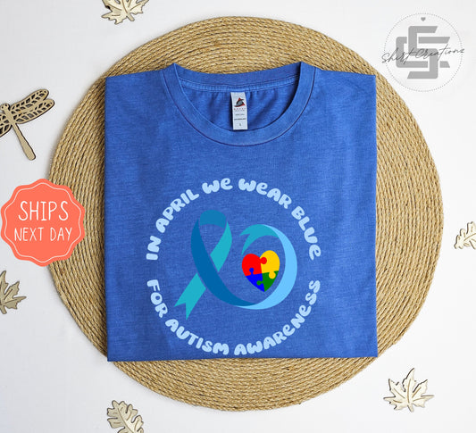 In April we wear blue Vintage T-Shirt, Autism awareness tee shirt, Blue autism T-shirt, Blue ribbon tee shirt.