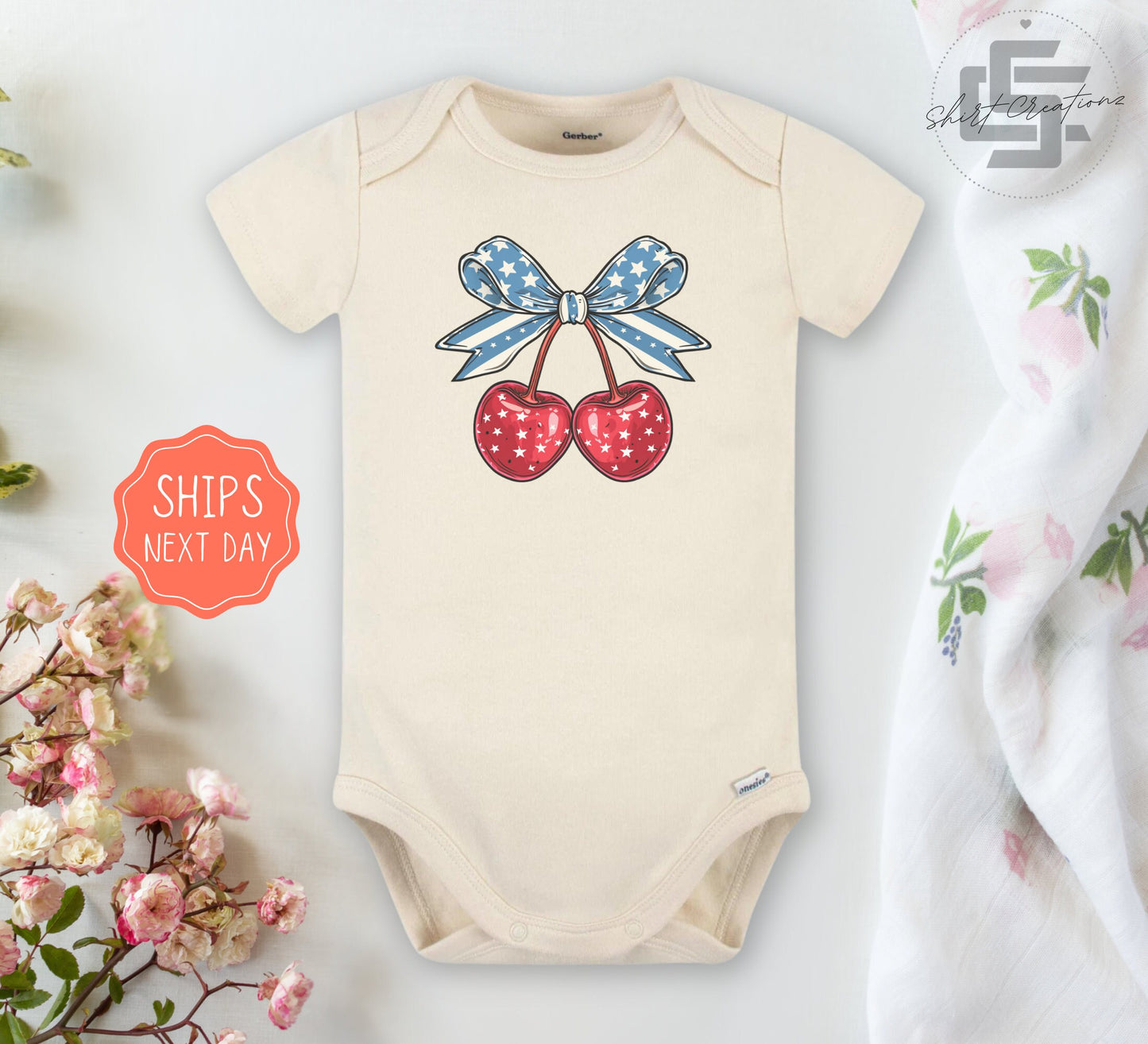 4th of July coquette cherry Baby Onesie® Forth of July baby Onesie®, coquette cherry newborn body suit. July 4th newborn baby gift.