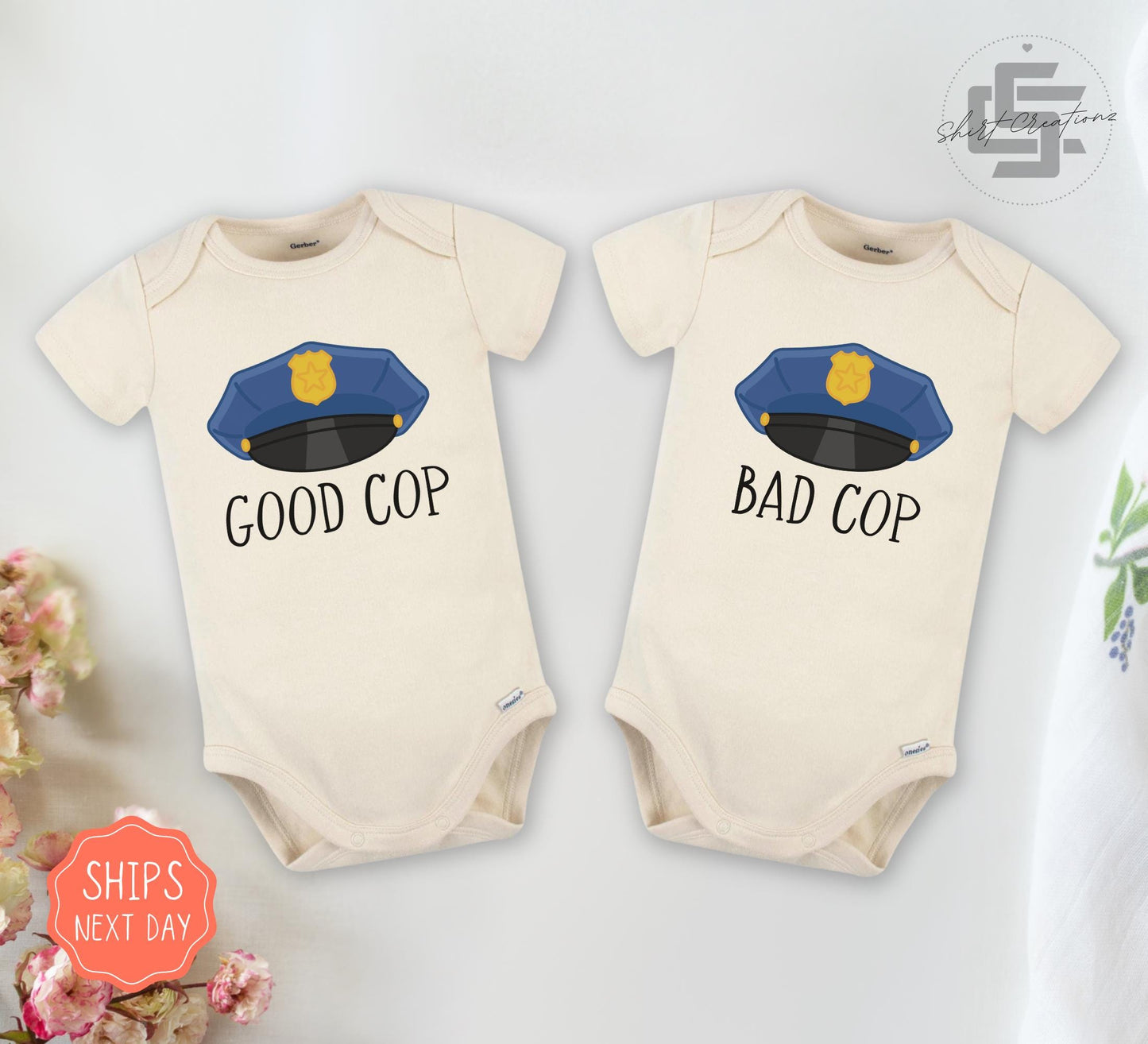 Twin baby Onesies®, Good and Bad cop twins , Twin police toddler tee. sibling funny outfit.