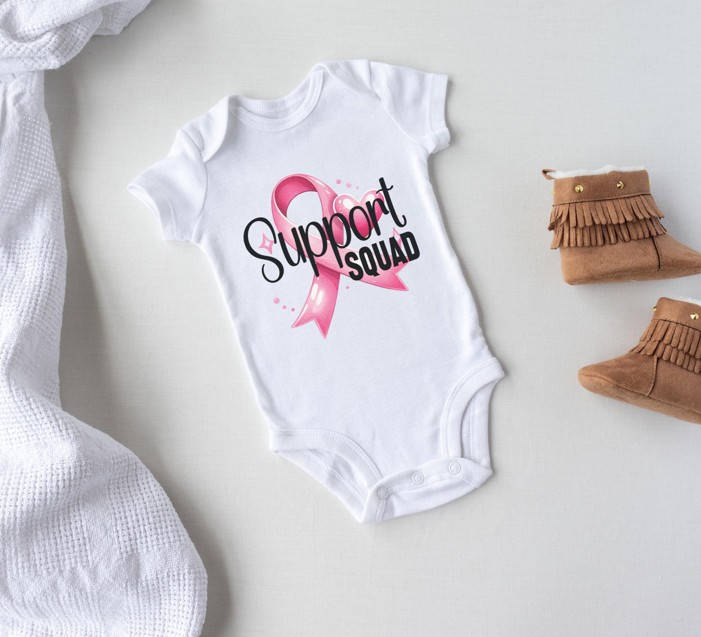 Support squad Baby Onesie® Breast cancer awareness Onesie®, October we wear pink newborn body suit. Breast cancer support squad toddler tee.