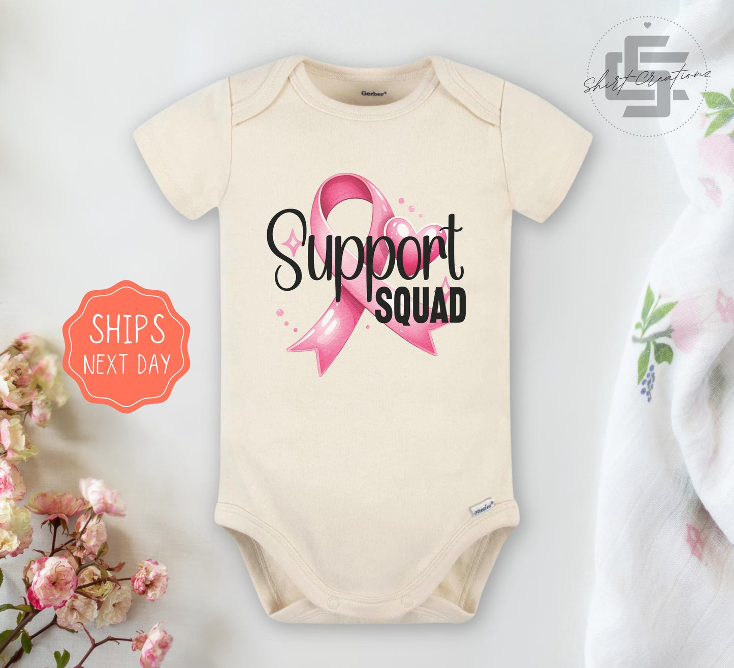 Support squad Baby Onesie® Breast cancer awareness Onesie®, October we wear pink newborn body suit. Breast cancer support squad toddler tee.