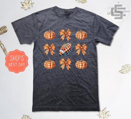 Football fall T-Shirt, Bowtie and pumpkin tee shirt, Fall game day shirt, Vintage wash shirt.