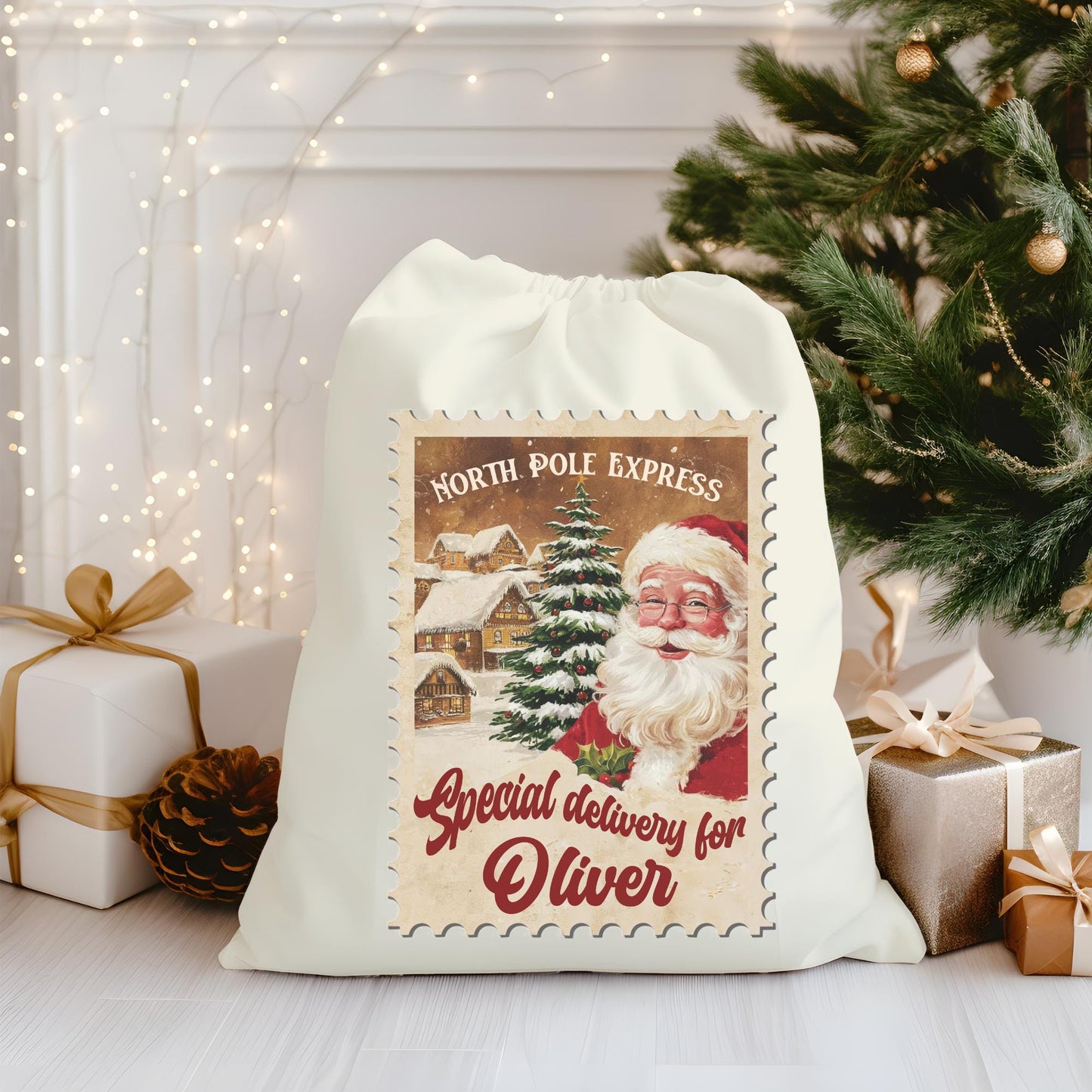 Santa Sack personalized name, Christmas stamp Bags with Name, Custom Christmas Santa Sack, North Pole Delivery Sack for gifts.