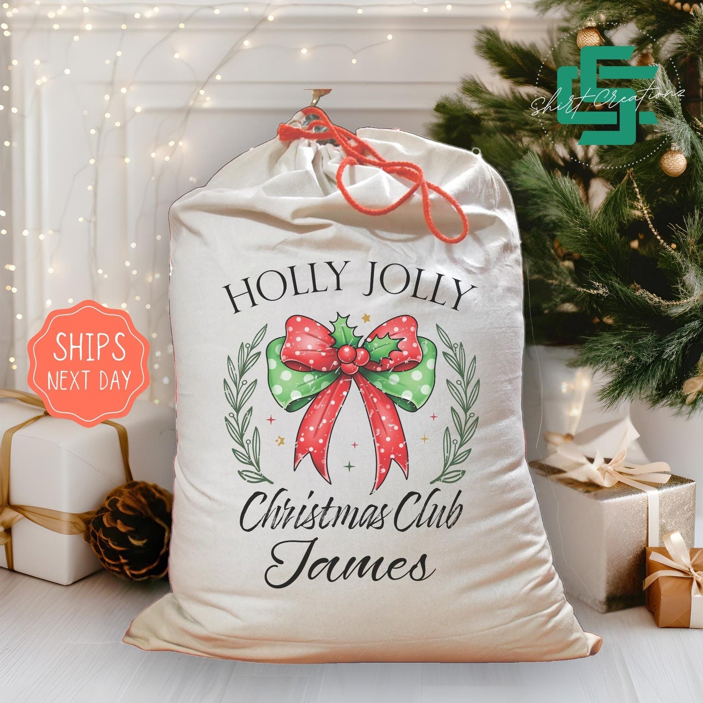 Santa Sack personalized name, Holly Jolly social club Bag with Name, Custom Christmas Santa Sack, Christmas gift Sack.