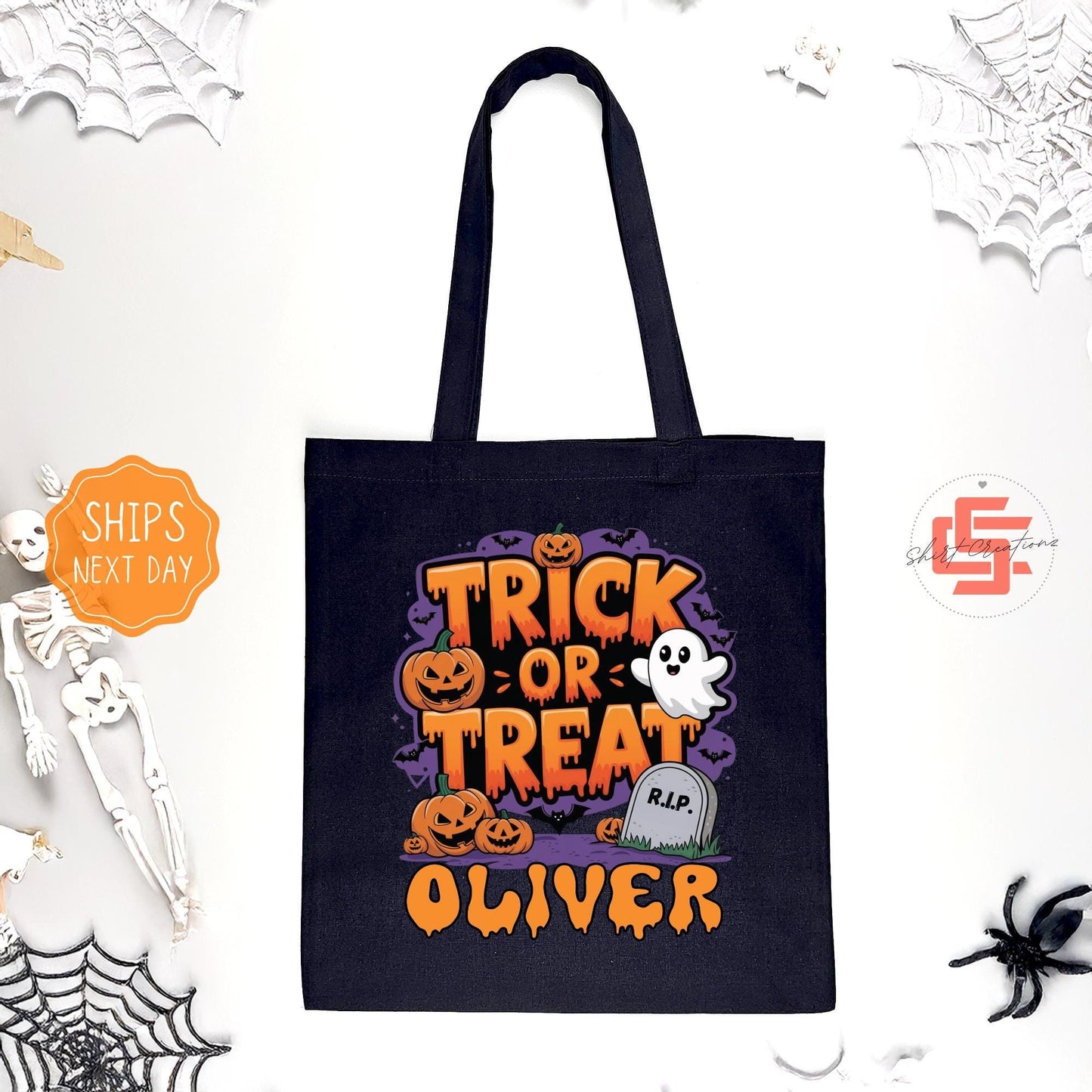 Trick or treat candy bag personalized Halloween tote bag spooky treat bag for kids