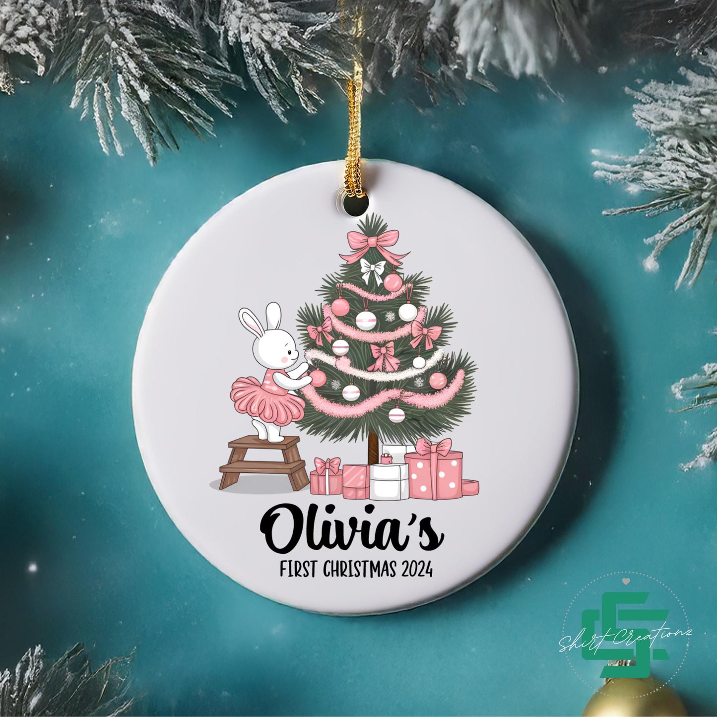 Baby's first Christmas ornament newborn girl baby bunny ornament, Baby announcement Christmas 2024 ceramic ornament.