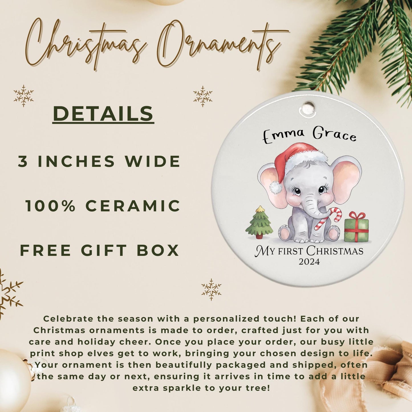 First Christmas baby ornament newborn baby Elephant ornament, Baby announcement Christmas 2024 ceramic ornament.